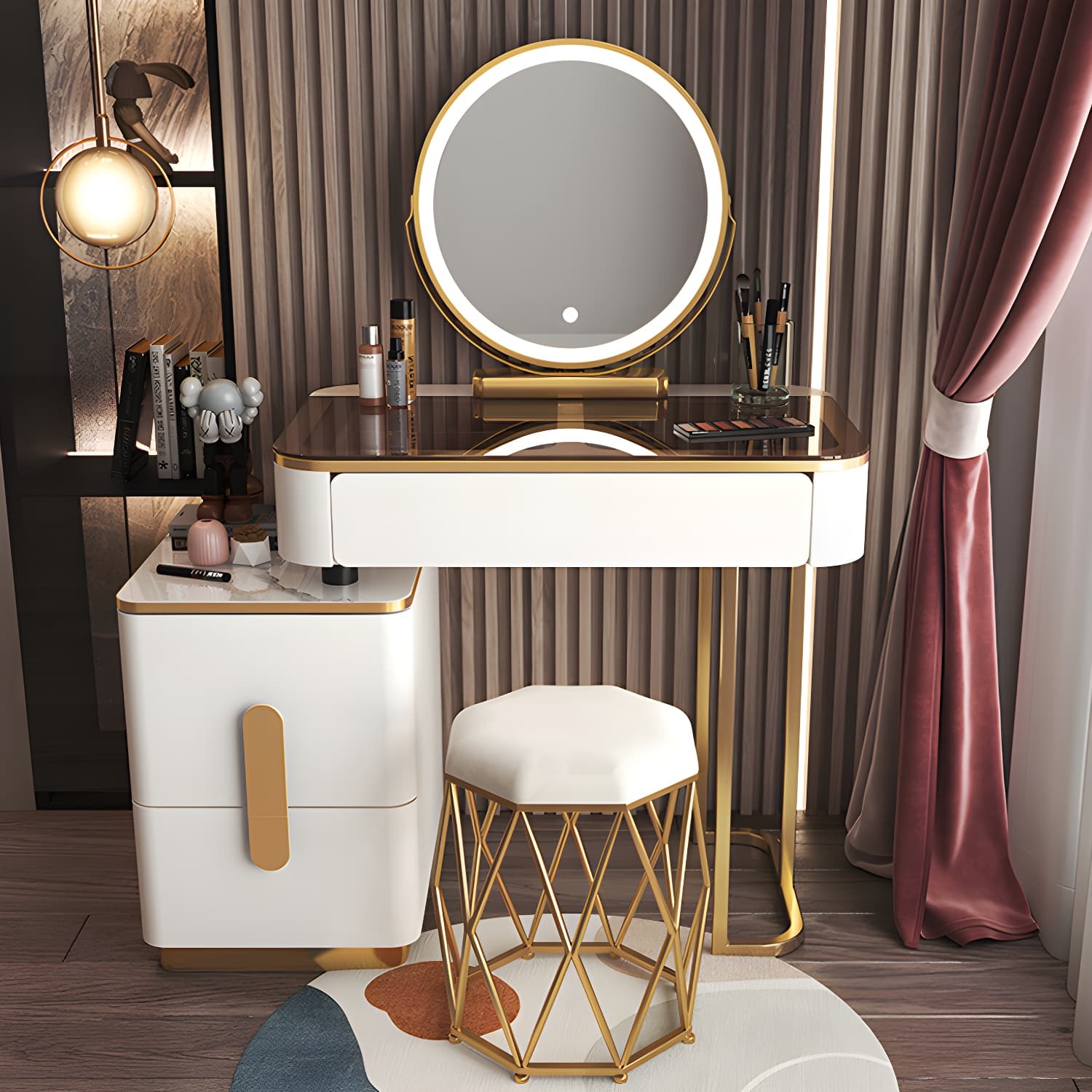 Glass Top Make-up Vanity Wood Dressing Table with Storage Drawers - image 11