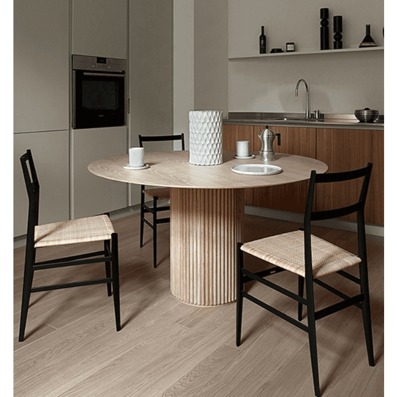 Fixed Rounded Dining Table for 4/2 People/Seats 6 with Ribbed Leg and a Slate/Wooden Tabletop in Natural/Chalk in a Nordic Style - image 5