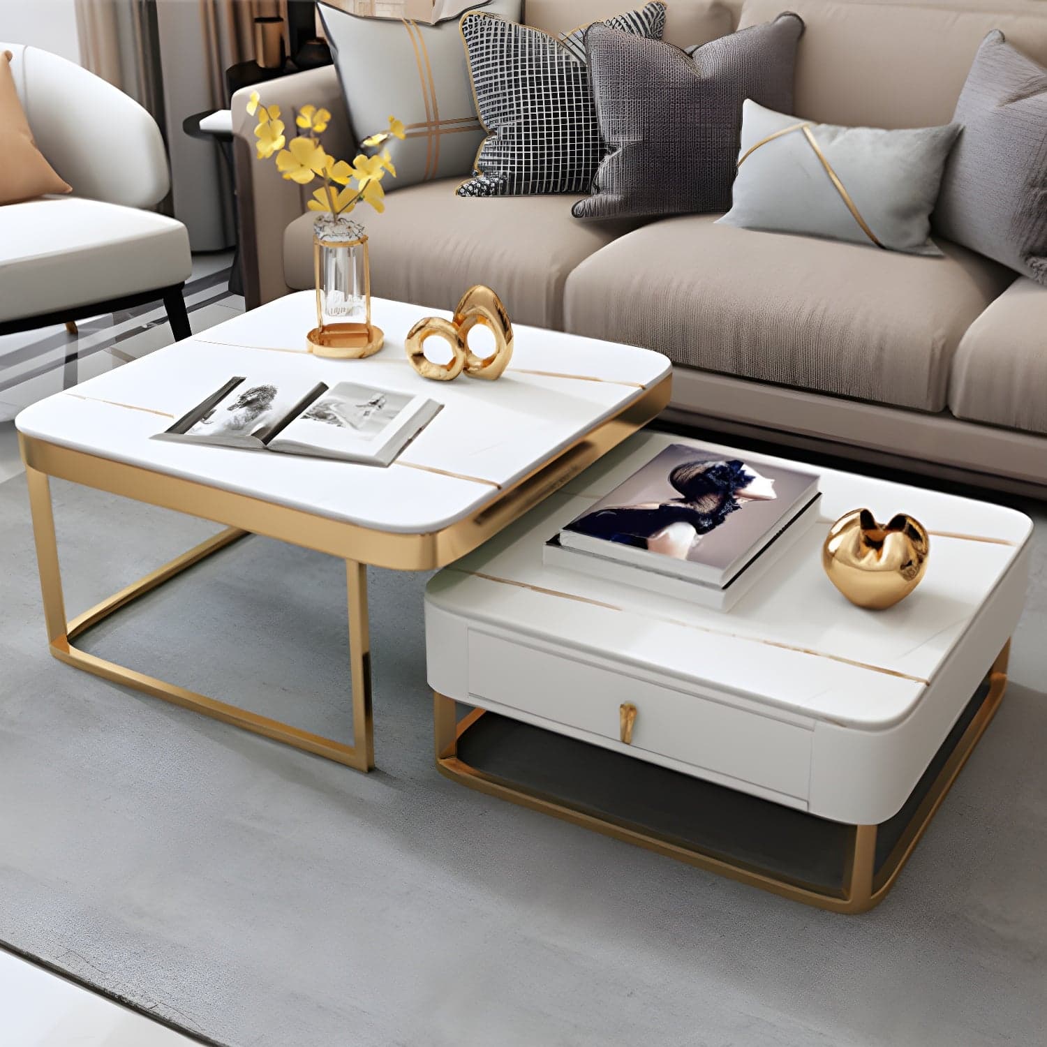Glam Style Square Coffee Table with Drawer in Metal Frame Base - image 5