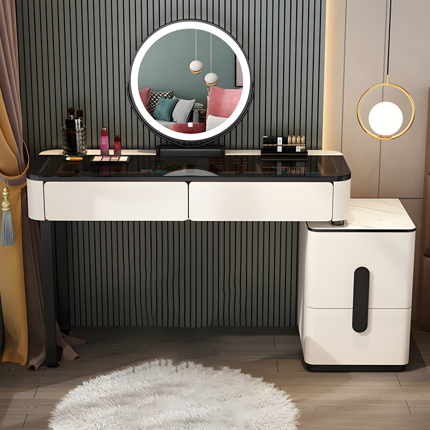 Glass Top Standing Makeup Vanity Set Lighted Mirror Makeup Vanity