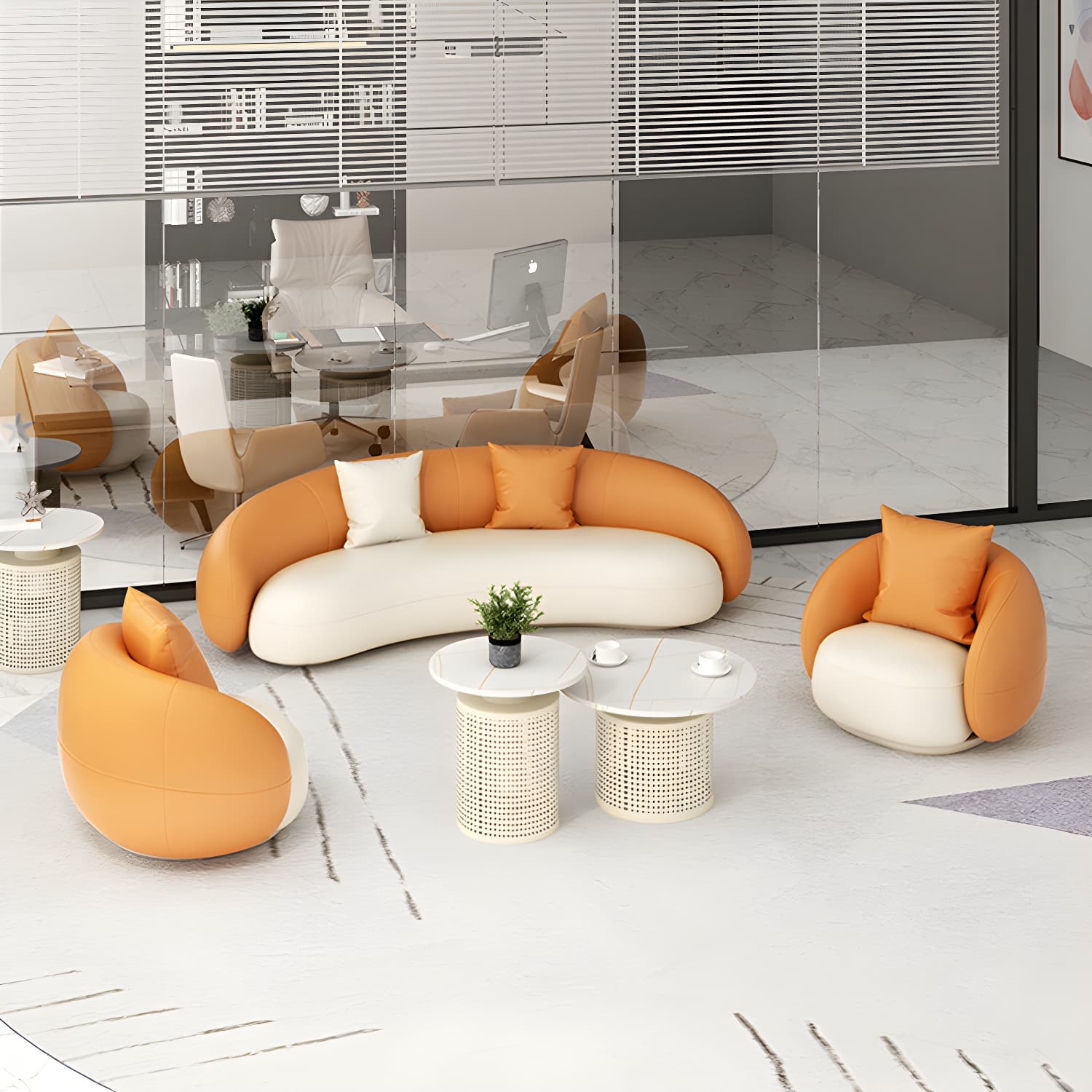 Beige Scandinavian Curved Sofa Tight Back Couch with Tuxedo Arm - image 13