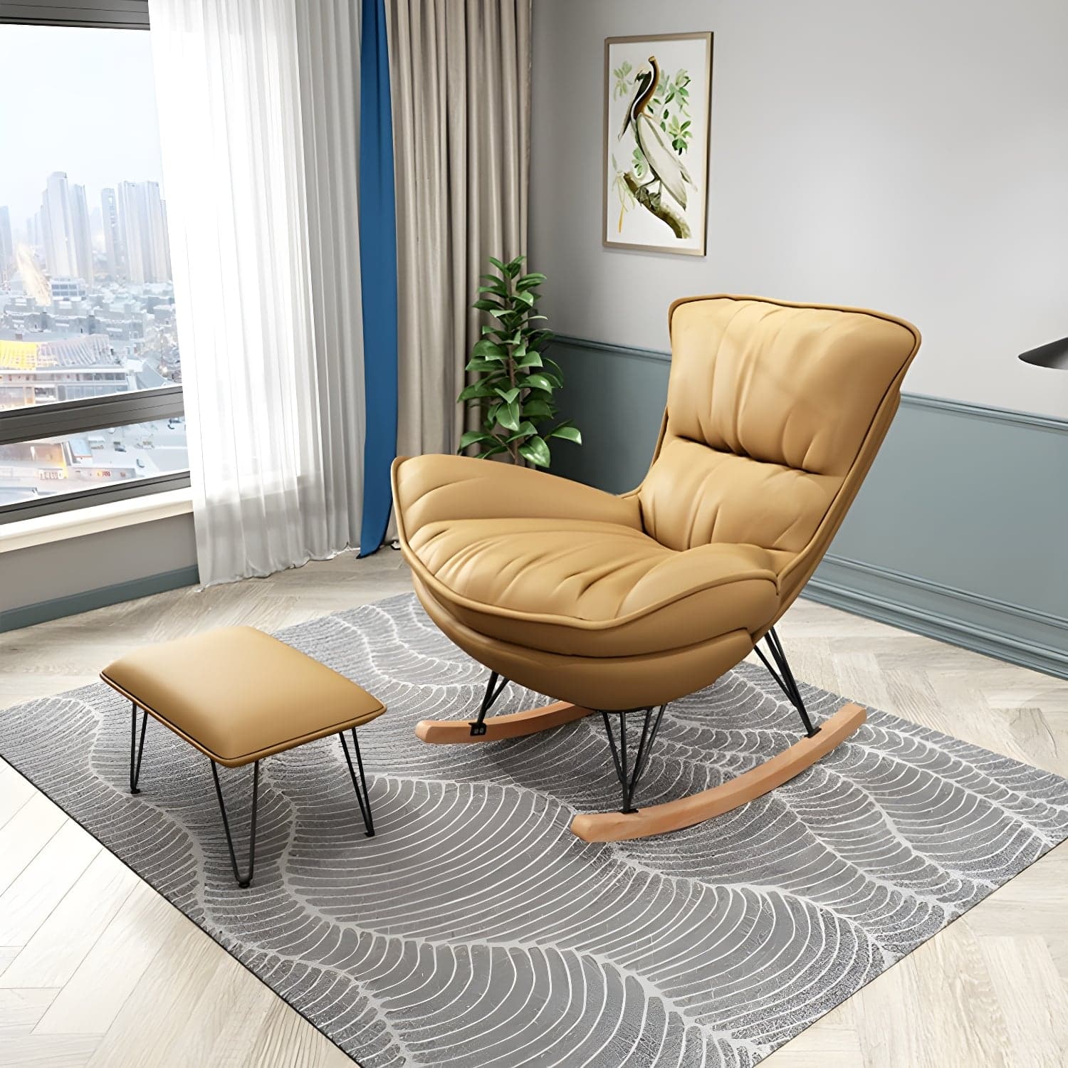 Stylish Modern Indoor Rocking Chair with Ottoman - Upholstered Seat and Natural Wood Legs - image 11