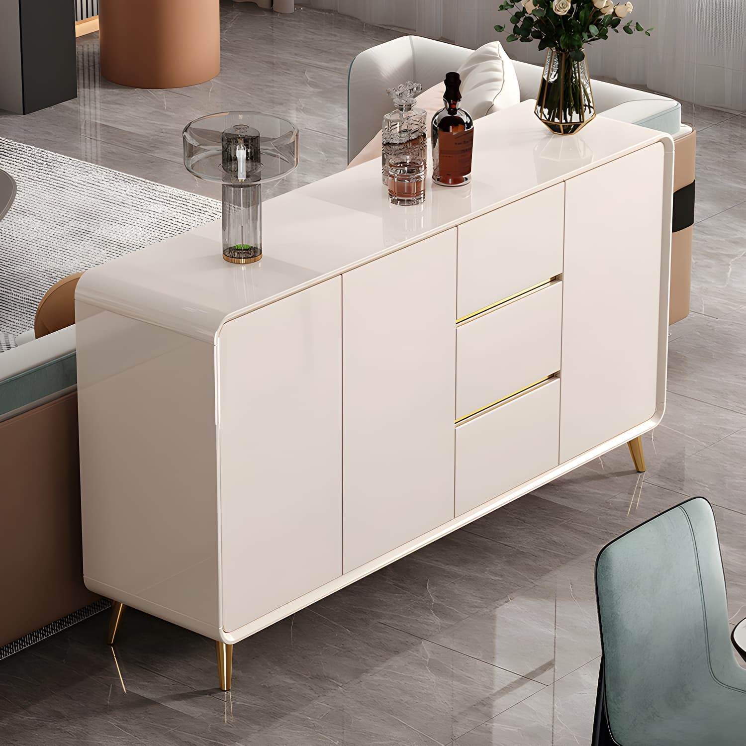White Glam Sideboard Credenza with Adjustable Shelving and 3 Drawers