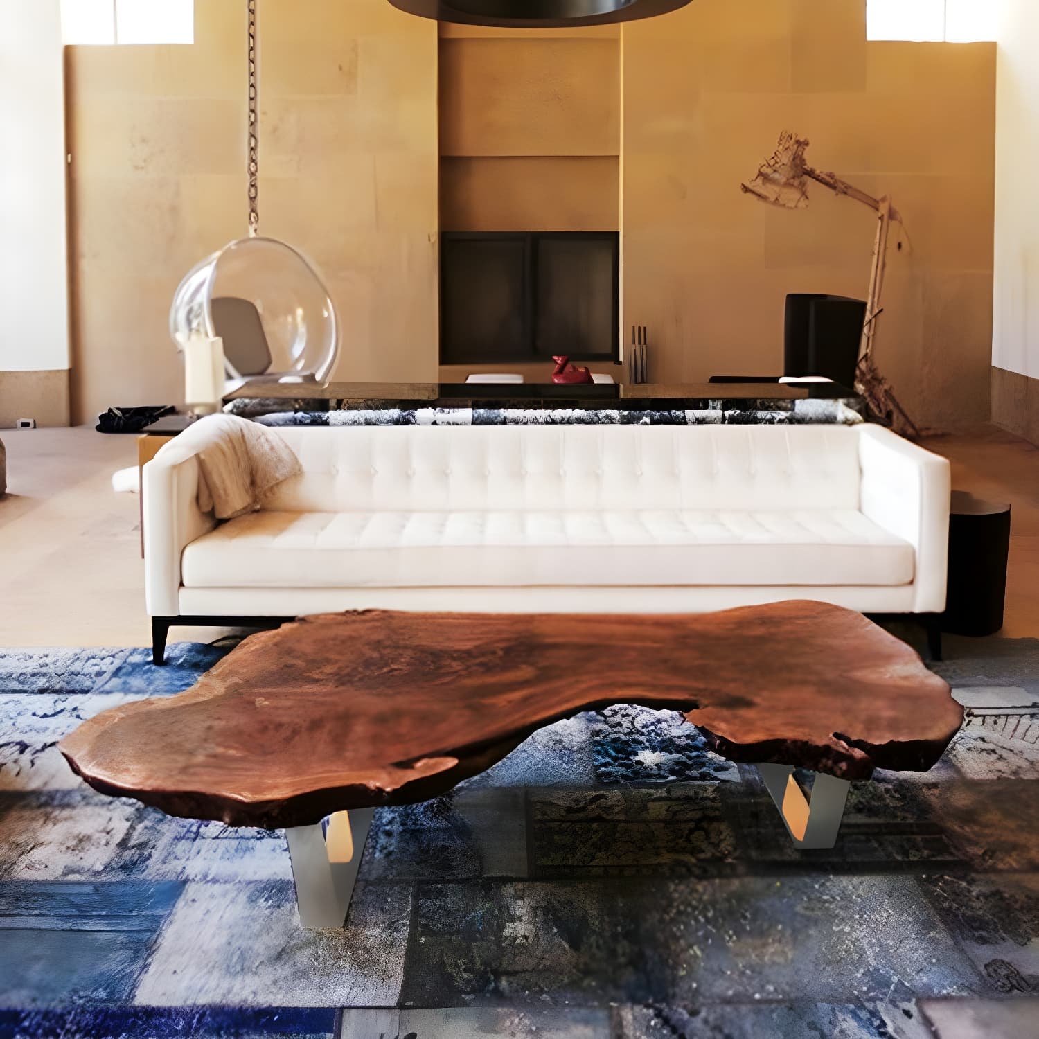 Modern Live Edge Coffee Table Geometric Red Wood Sled Cocktail Table