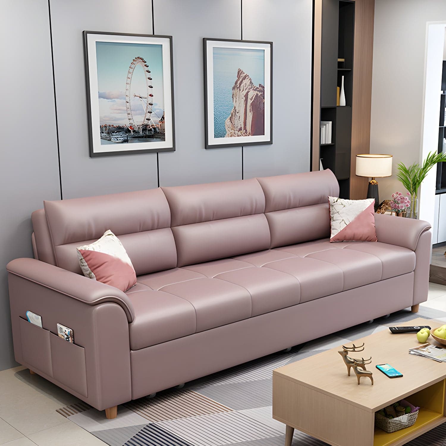 Cotton Blend and Faux Leather Biscuit Back Pillow Top Arm Couch Bed - image 9
