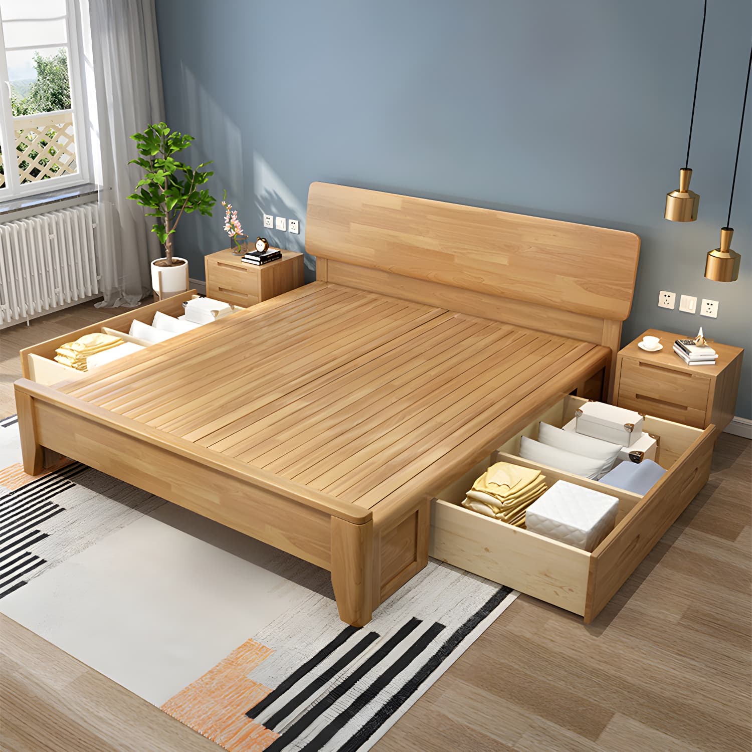 84.65 inch Wide Mid-century Bed Frame Rubberwood Bed with Headboard - image 4