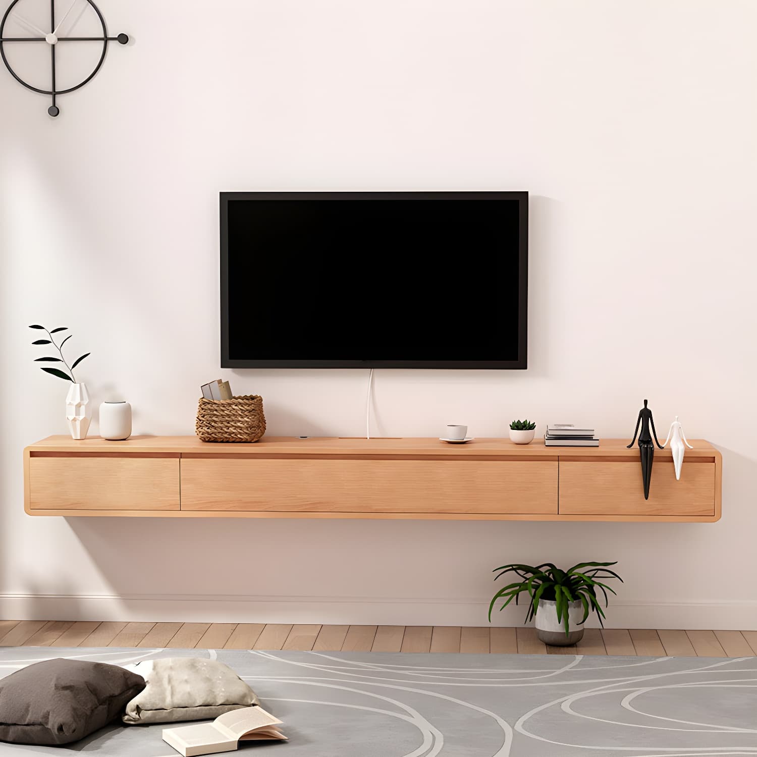 Nordic Wall-Mounted TV Console Solid Wood 2-Drawer Floating TV Stand Console - image 7