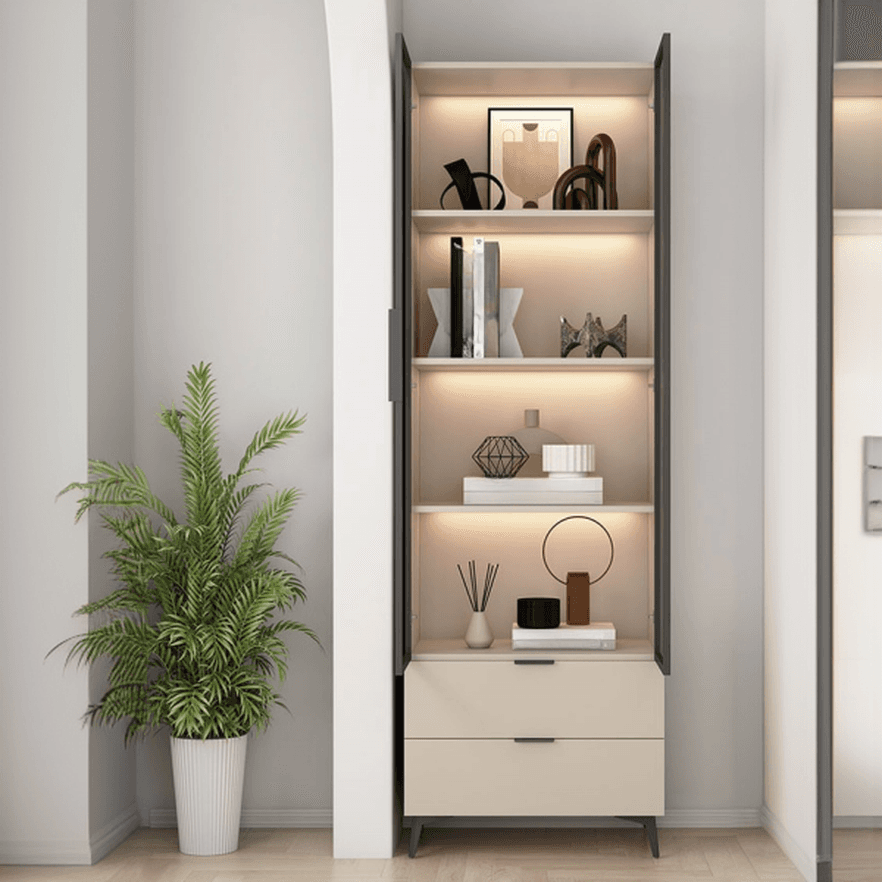 Brown Manufactured Wood Utility Storage Cabinet with Storage Cabinet, Glass Door, Cabinet Bars, Soft Close Drawer and Light - image 4