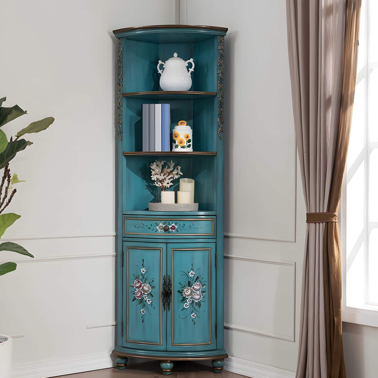 Traditional Bar Pulls Solid Wood Corner Accent Cabinet with Doors - image 8