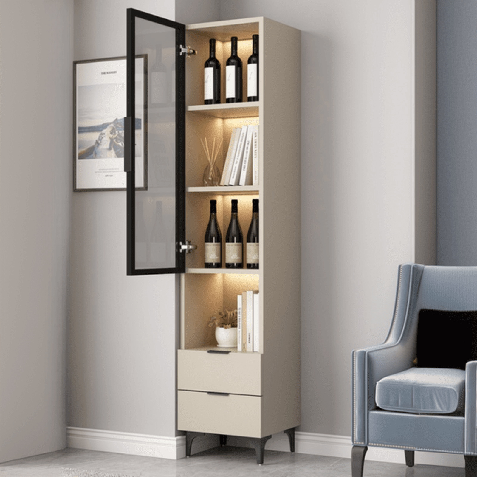 Rectangle Utility Cabinet with Locker, Glass Door, Pull Bars, White/Espresso/Off White Top, Soft Close Drawer, and Light - image 6