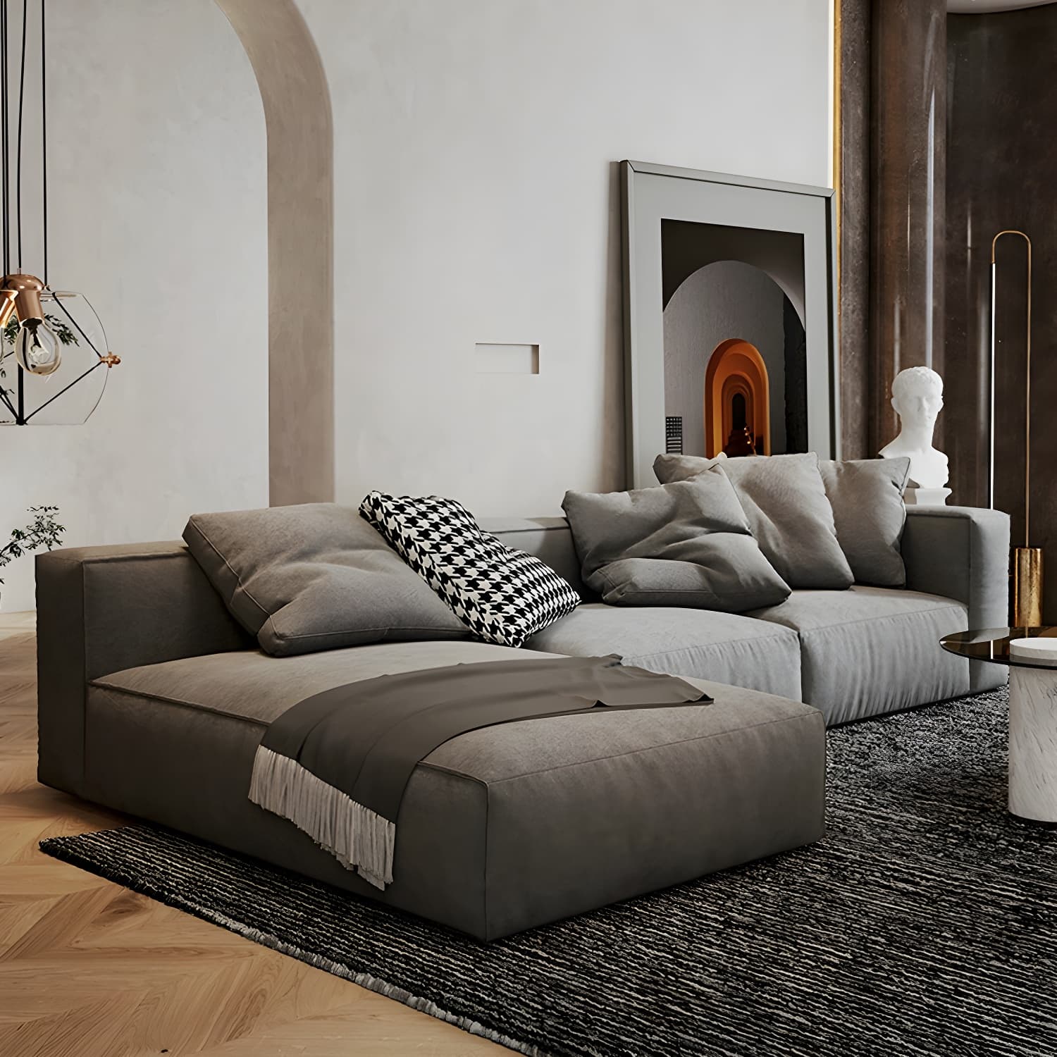 Modern Gray Chenille Stationary Sectional Sofa with Pillow Back and Wood Frame