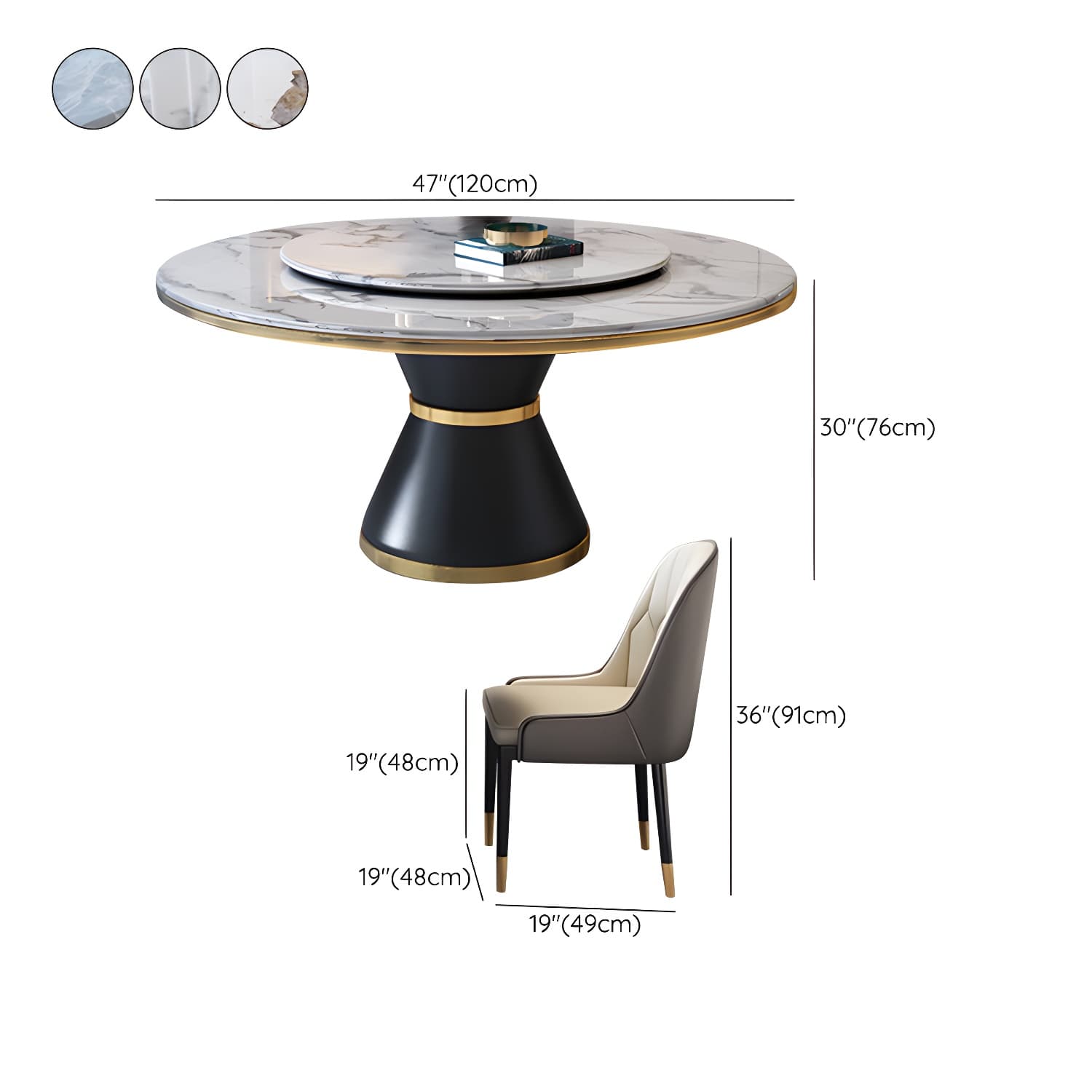 Glam Round Stone Dining Set in White - Fixed Table with Black Metal Pedestal Base - image 15
