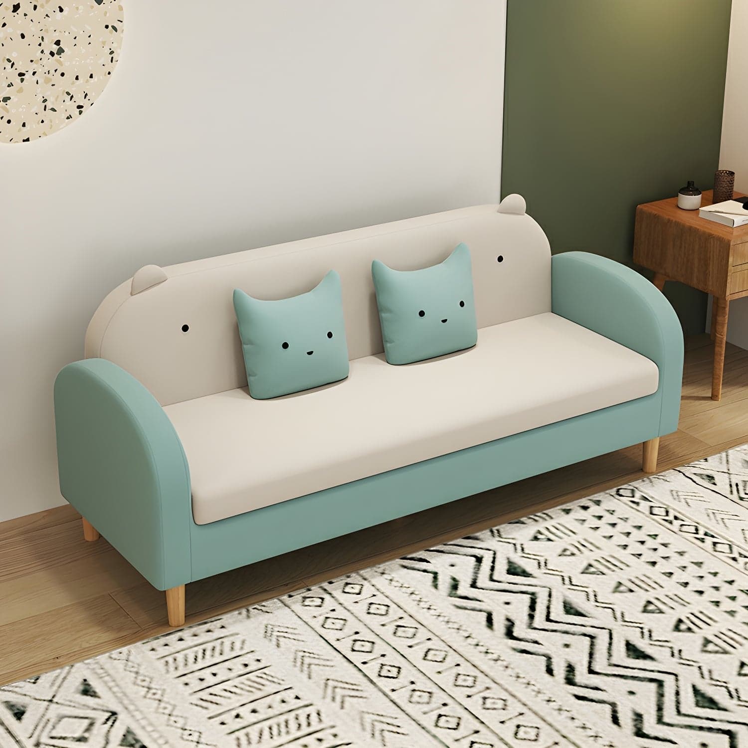Art Deco Natural Wood Finish Framed Sofa Couch with Recessed Arm, Slipcover and 2 Pillows - image 16