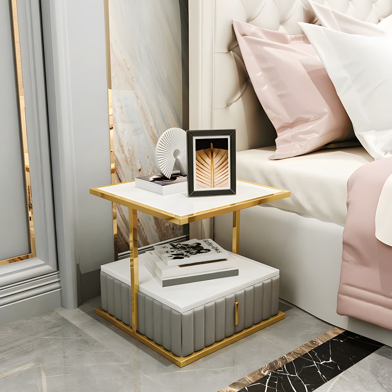 Modern Open Storage Nightstand Stone Top 20 Inch Tall 1-Drawer Night Table - image 4