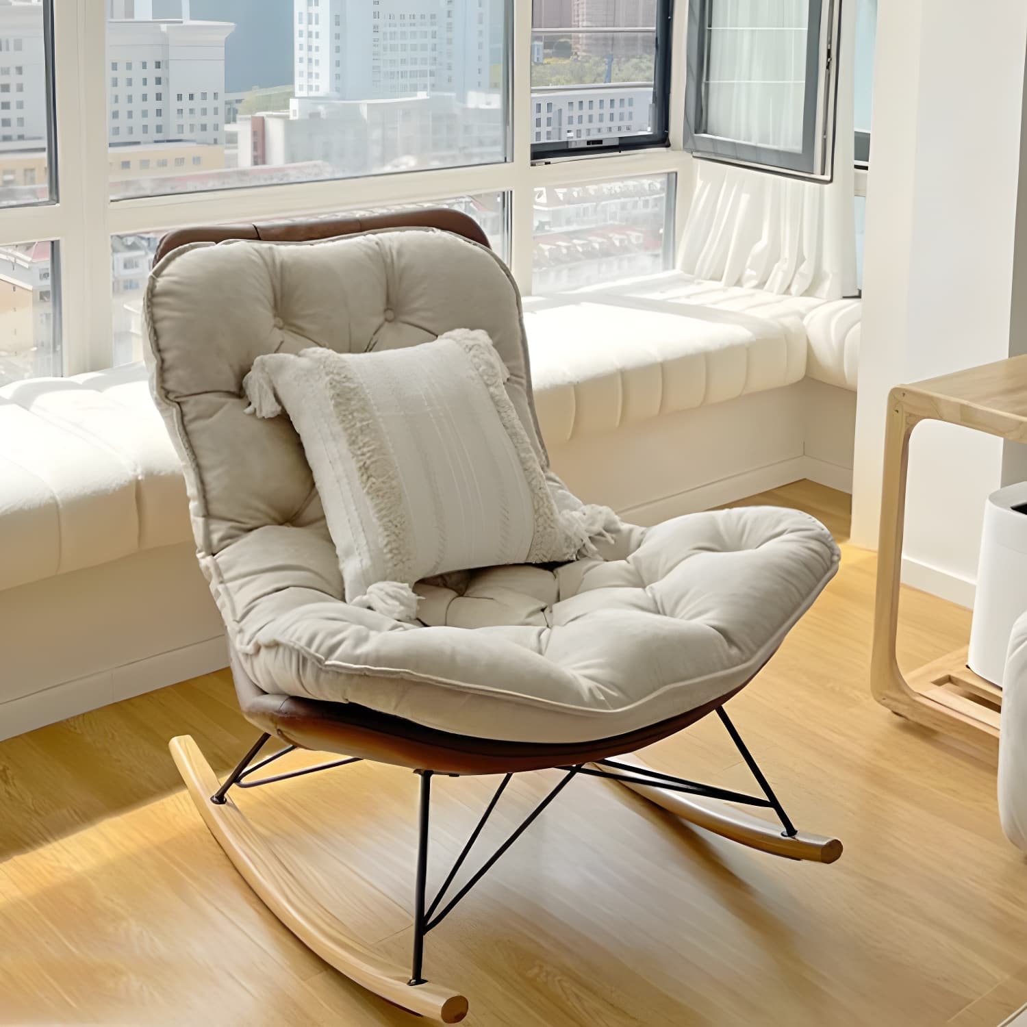 Modern Upholstered Rocking Chair with Tufted Seat - Natural Wood Legs and Armless Design - image 12