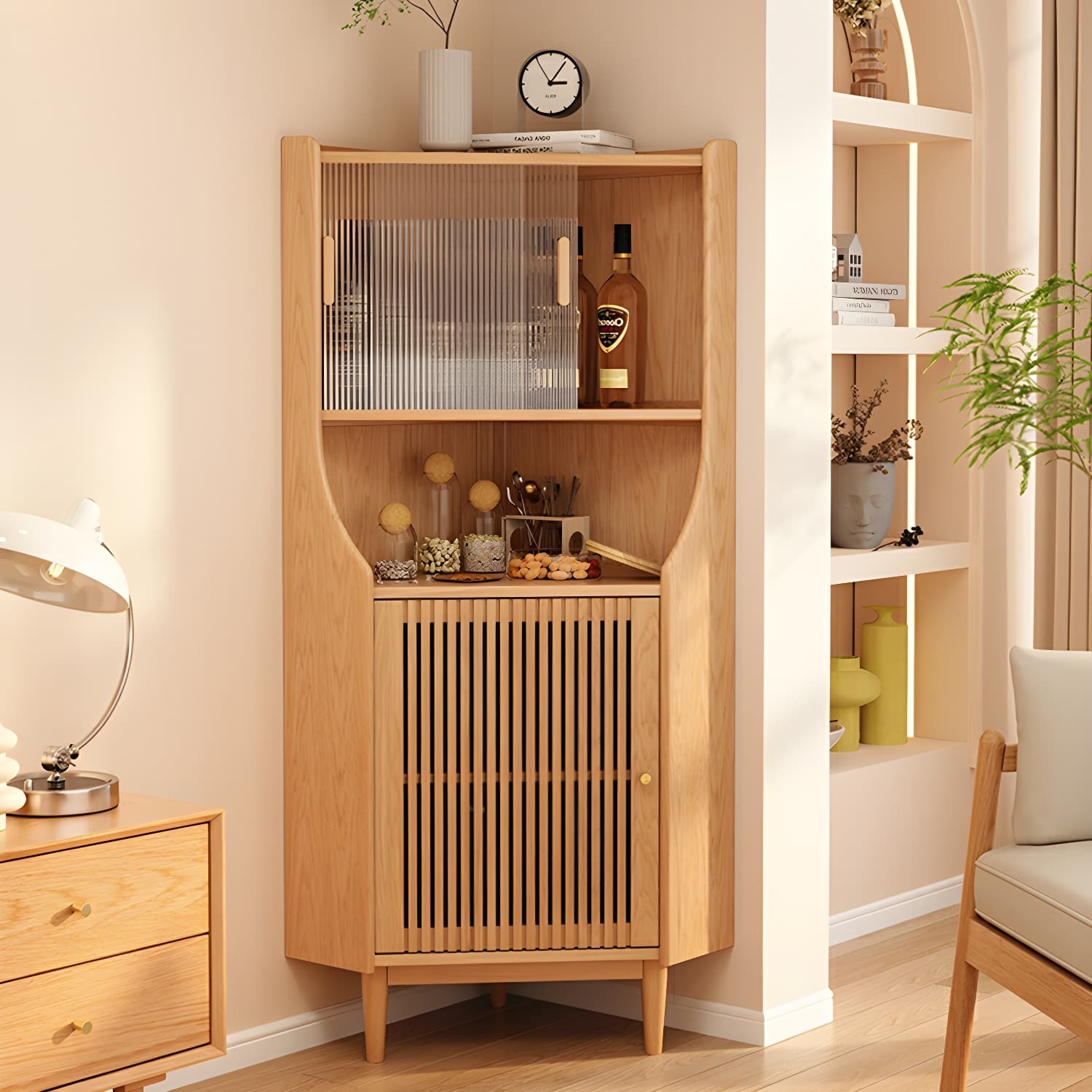 Corner Scandinavian Accent Cabinet with Wood Counter Top and Glass Doors, 2 Exterior Shelves - image 3