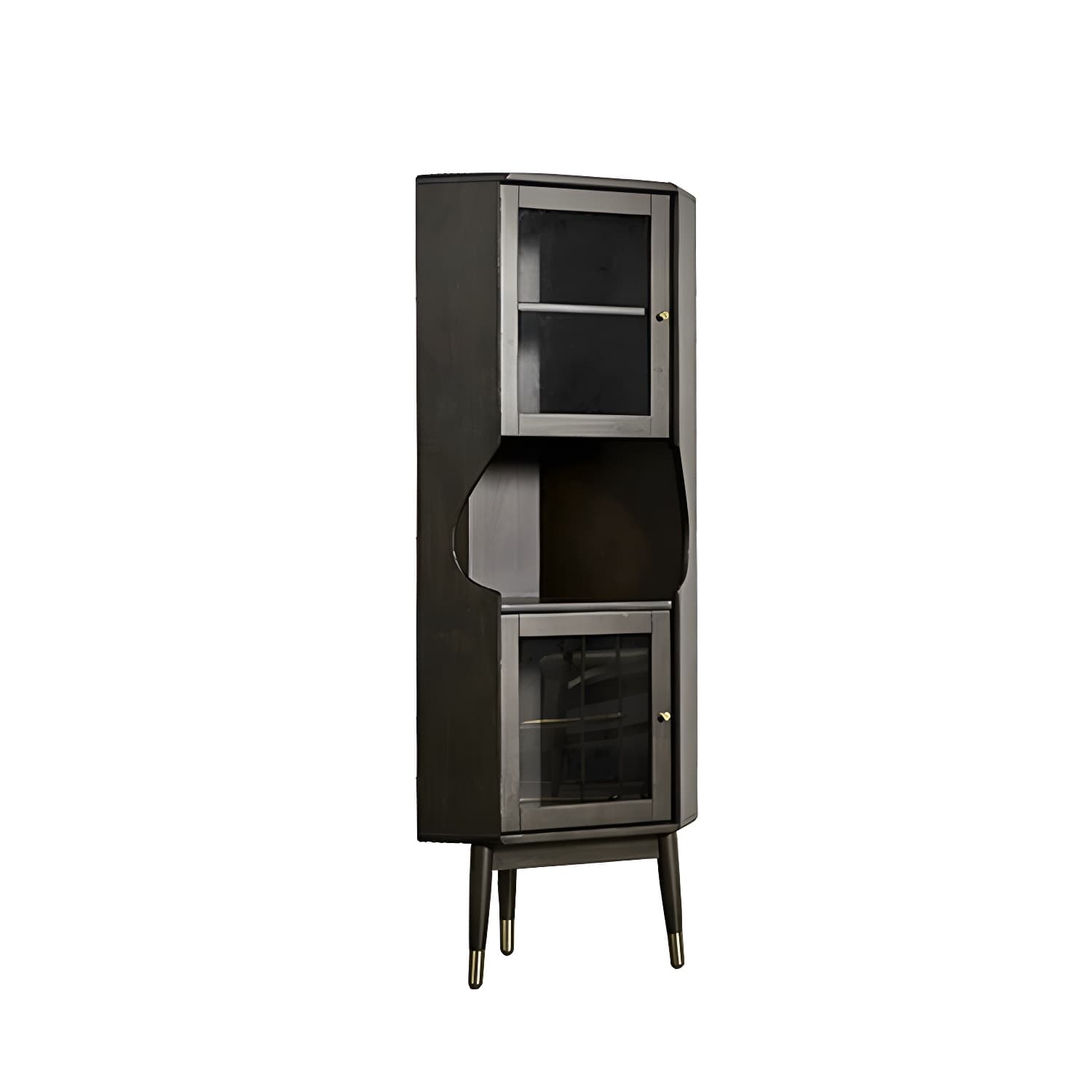 Corner Mid-Century Modern Accent Cabinet with Wood Countertop, Glass Doors, and 5 Shelves - image 7