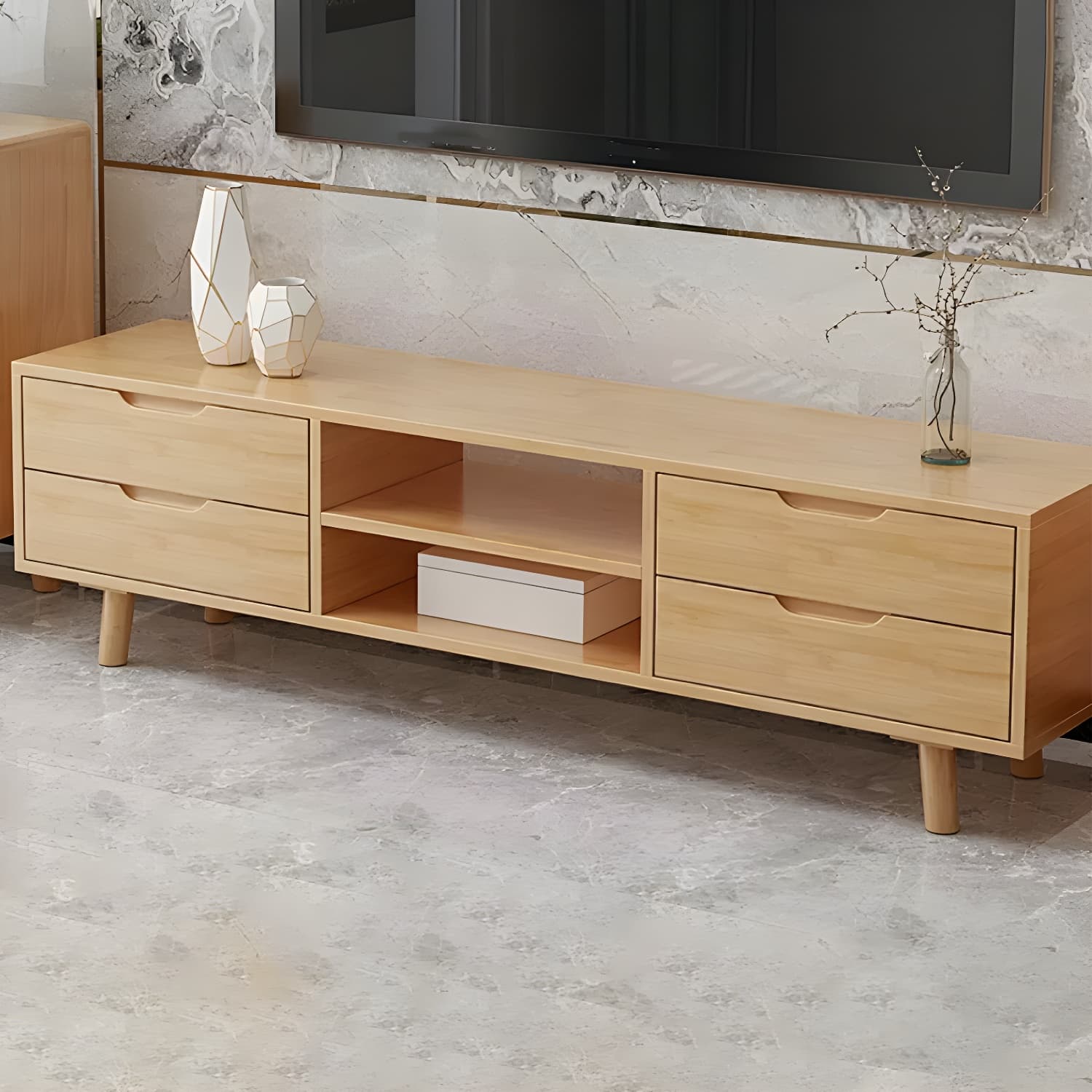 Scandinavian with Drawers Rubberwood with Cabinet TV Media Console - image 7