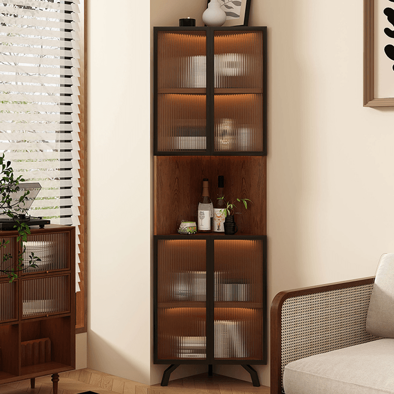 Simple Corner Accent Cabinet with Closet, Laminate, Glazed Door, and Brown Top