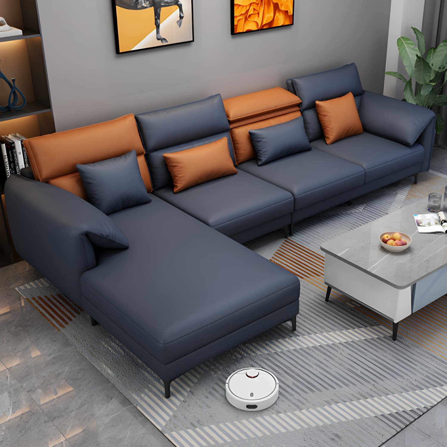 Modern L-Shape Tech Cloth Sofa Chaise with Adjustable Headrests and Storage in 3 Piece Set