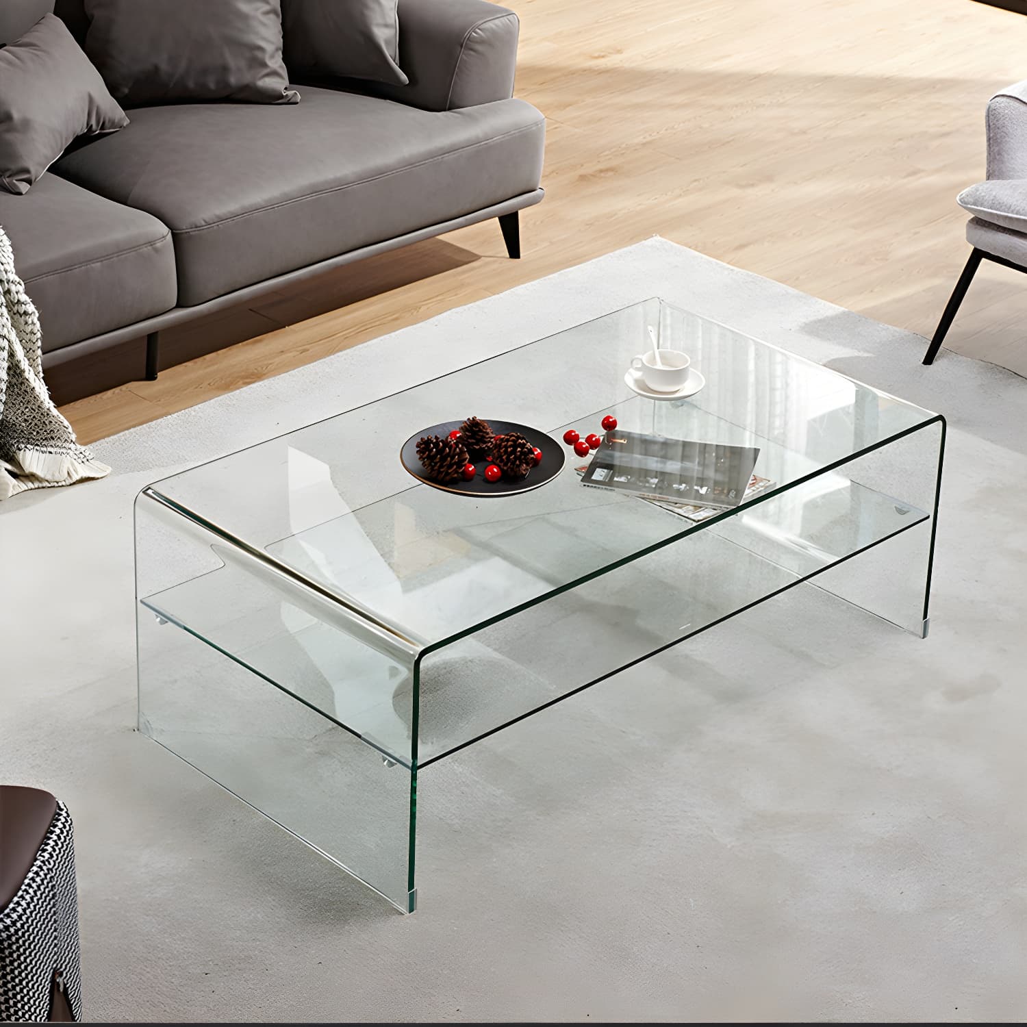 15.7"H Modern Sled Base White/black Glass Square Coffee Table with Shelf - image 6