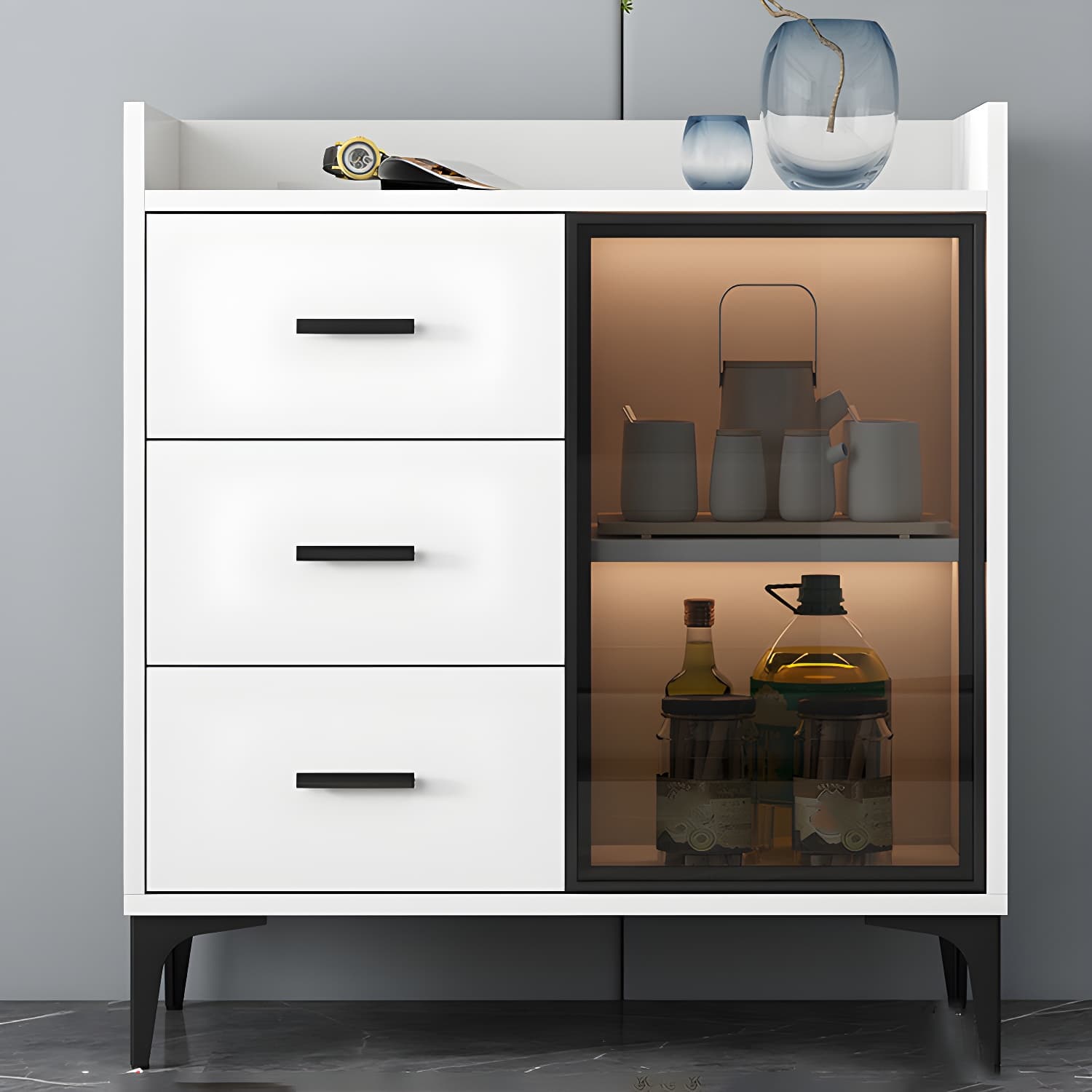 Wood Glass Doors Contemporary Style Buffet Sideboard with Cabinets and Drawers