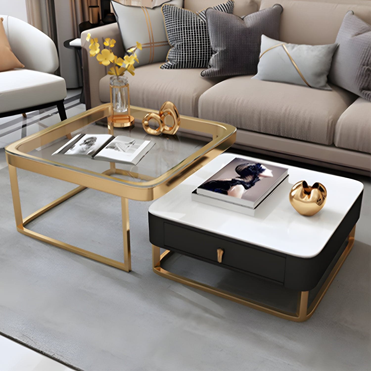 Glam Style Square Coffee Table with Drawer in Metal Frame Base - image 3