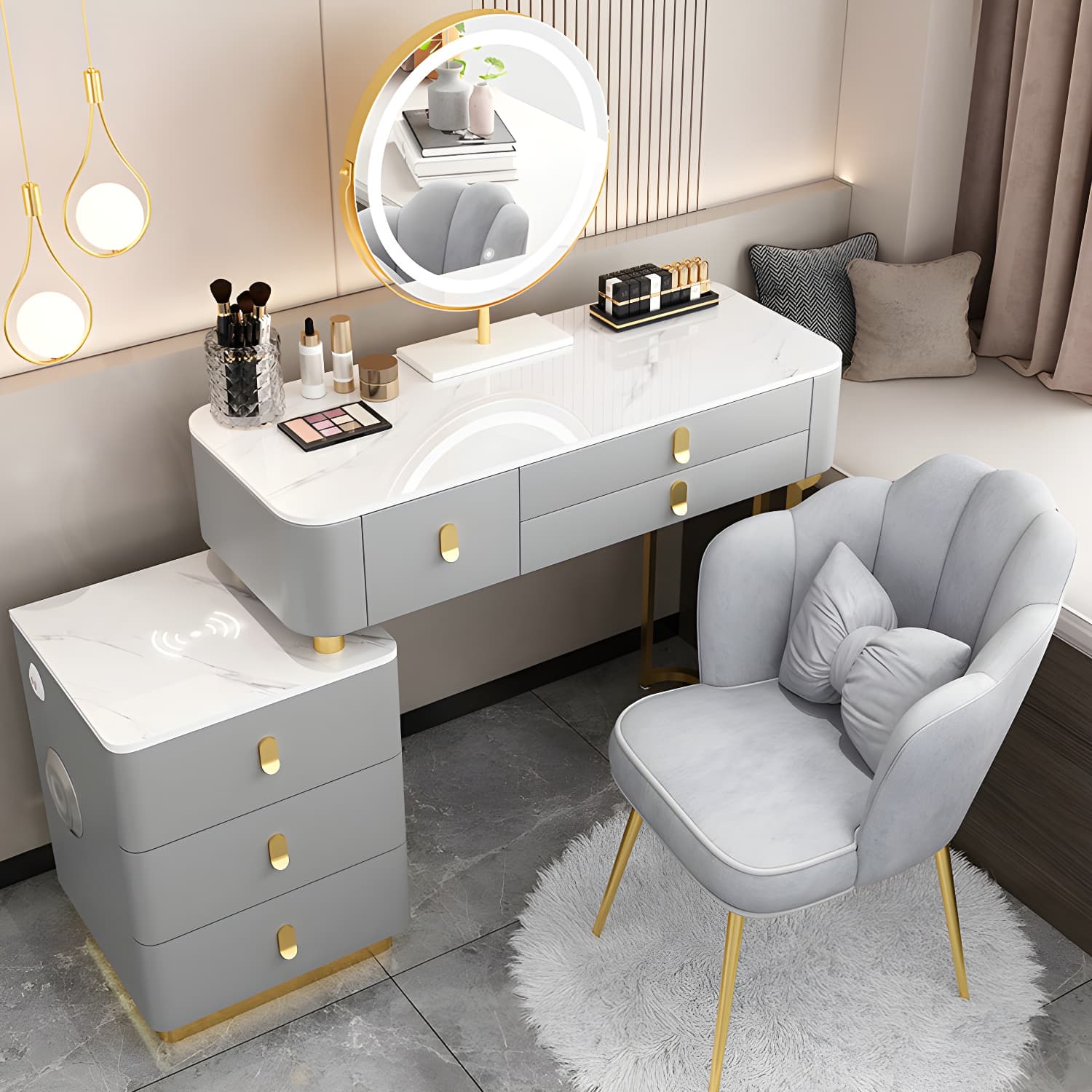 Glass Top Makeup Vanity Desk Lighted Mirror Makeup Vanity Set