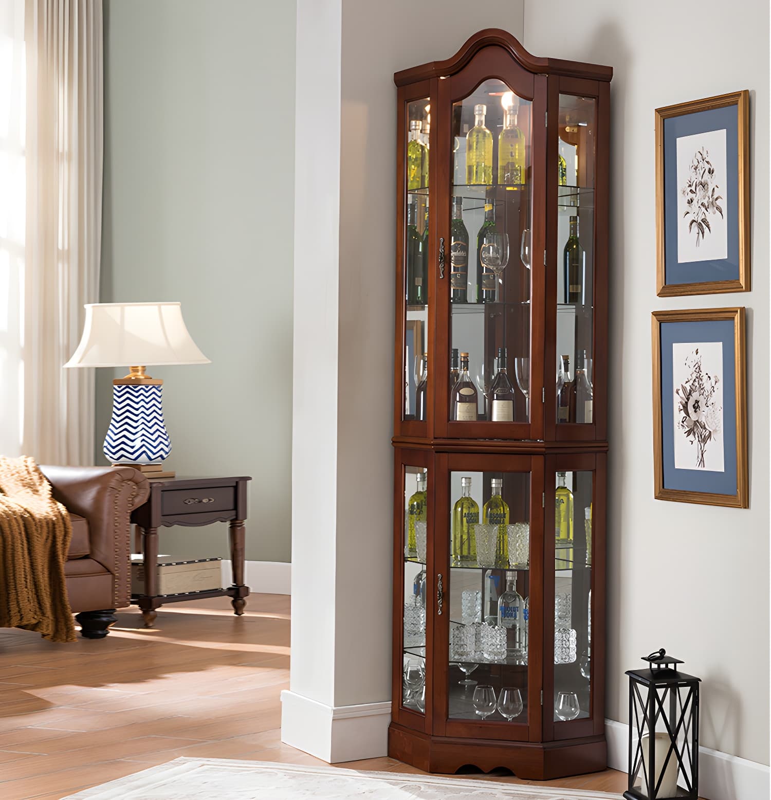 Rubberwood & Glass Triangle Corner Cabinet in Brown with Storage Shelves