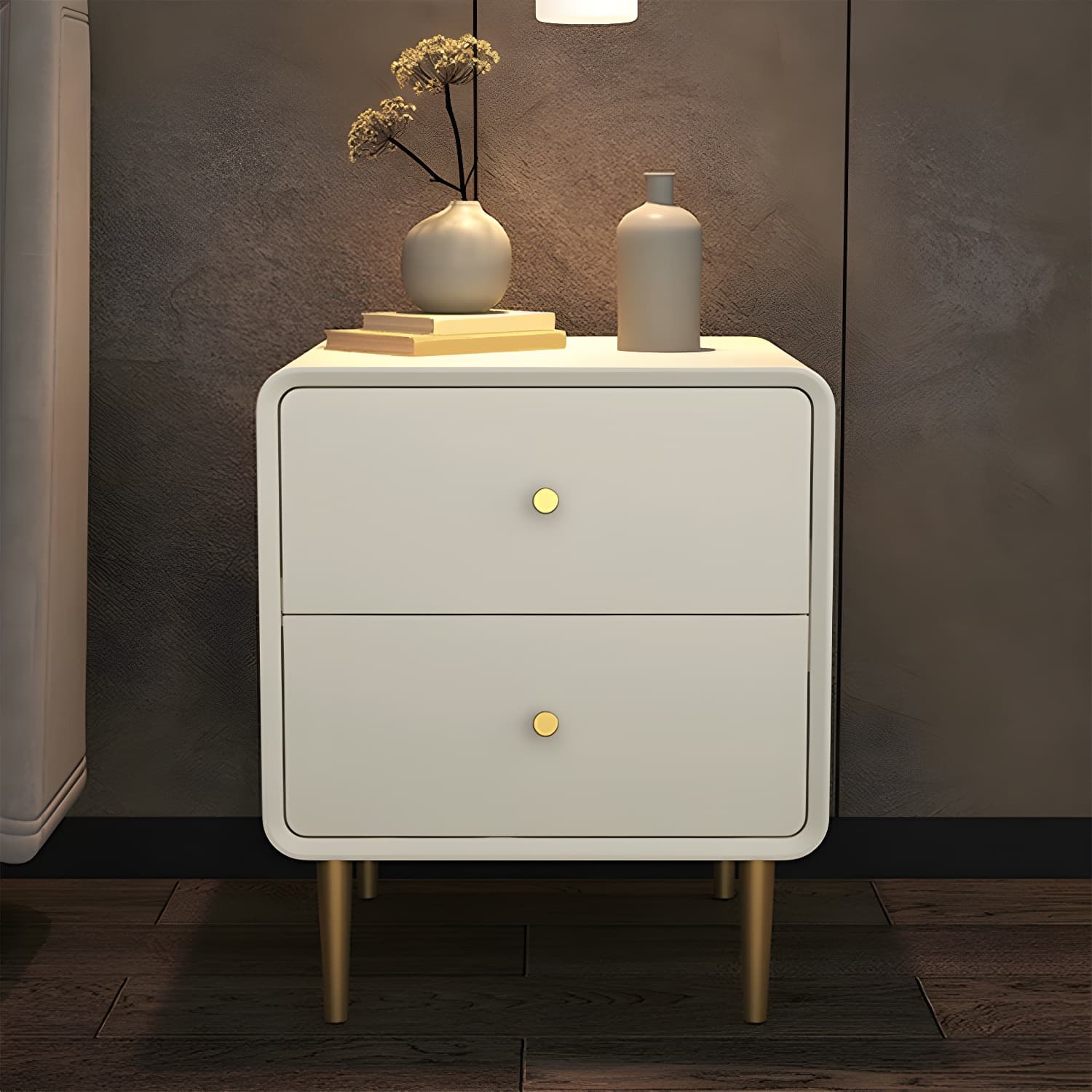 Glam Pine Wood Nightstand with Leather Countertop and 2 Drawers - Small Size - image 11