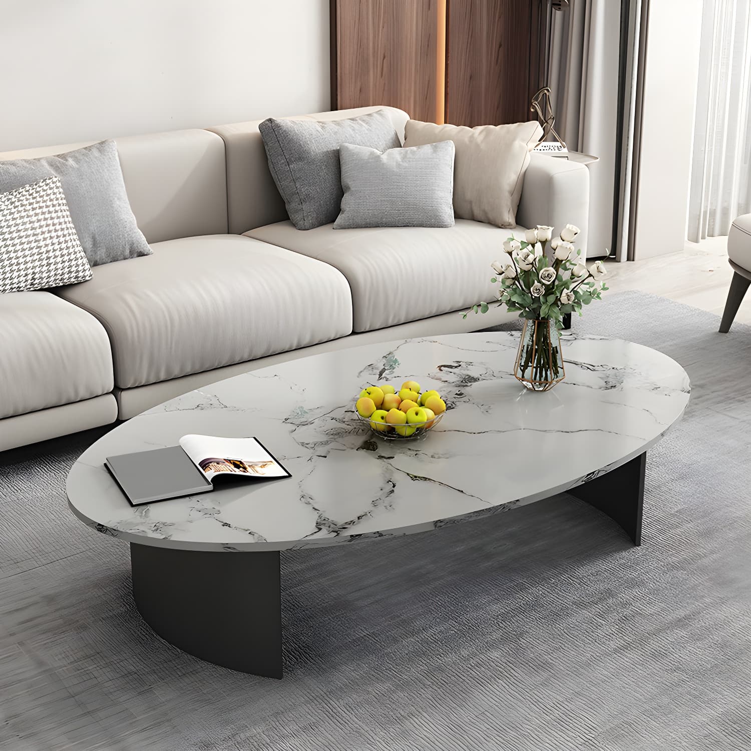 Oval Stone Modern Coffee Table with Double Pedestal Metal Base - image 9