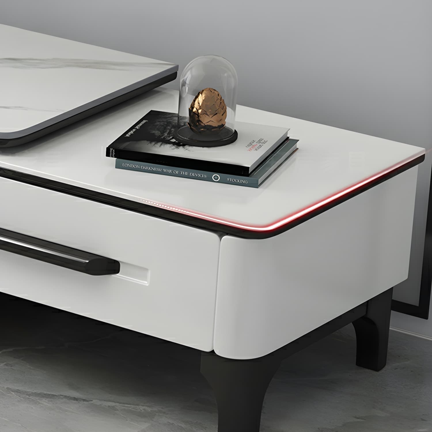 Modern Stone TV Stand with Long Length, Open Storage and Drawers featuring Wood Shelves - image 9