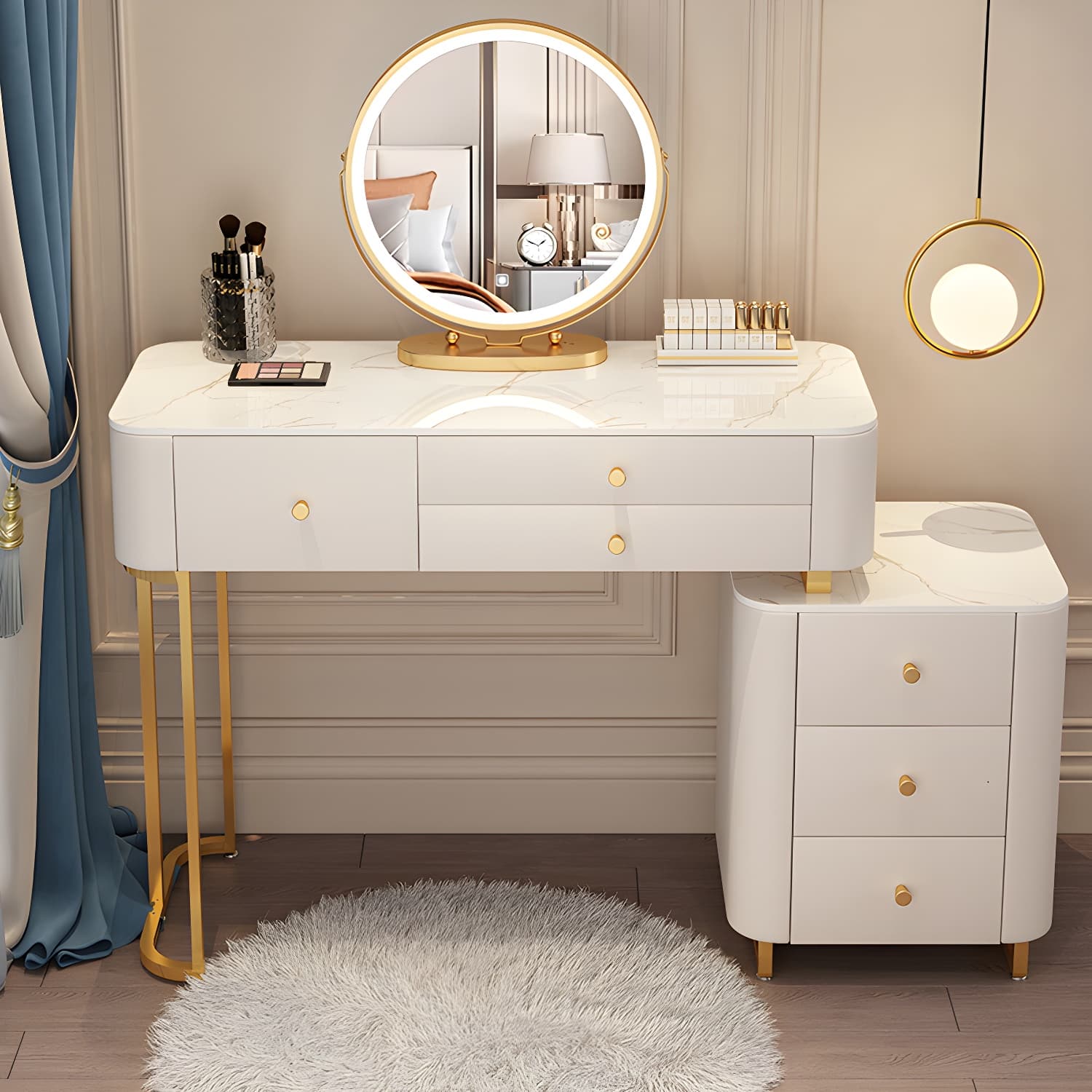 Solid Wood Makeup Vanity Desk Storage Dressing Table Stool Set with Drawer - image 13