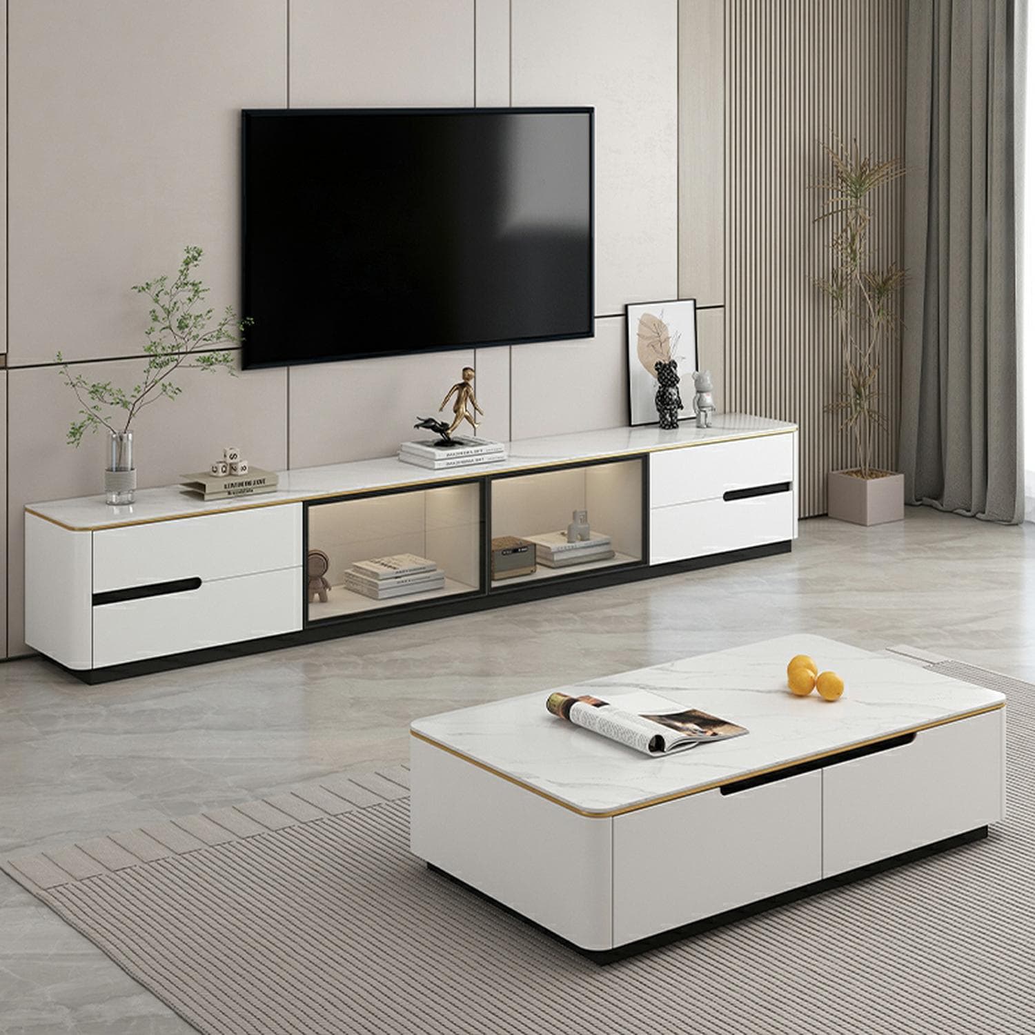 Modern Stone TV Stand with Drawers and Cabinet Low Profile Cable Management Fully Assembly Required - image 5