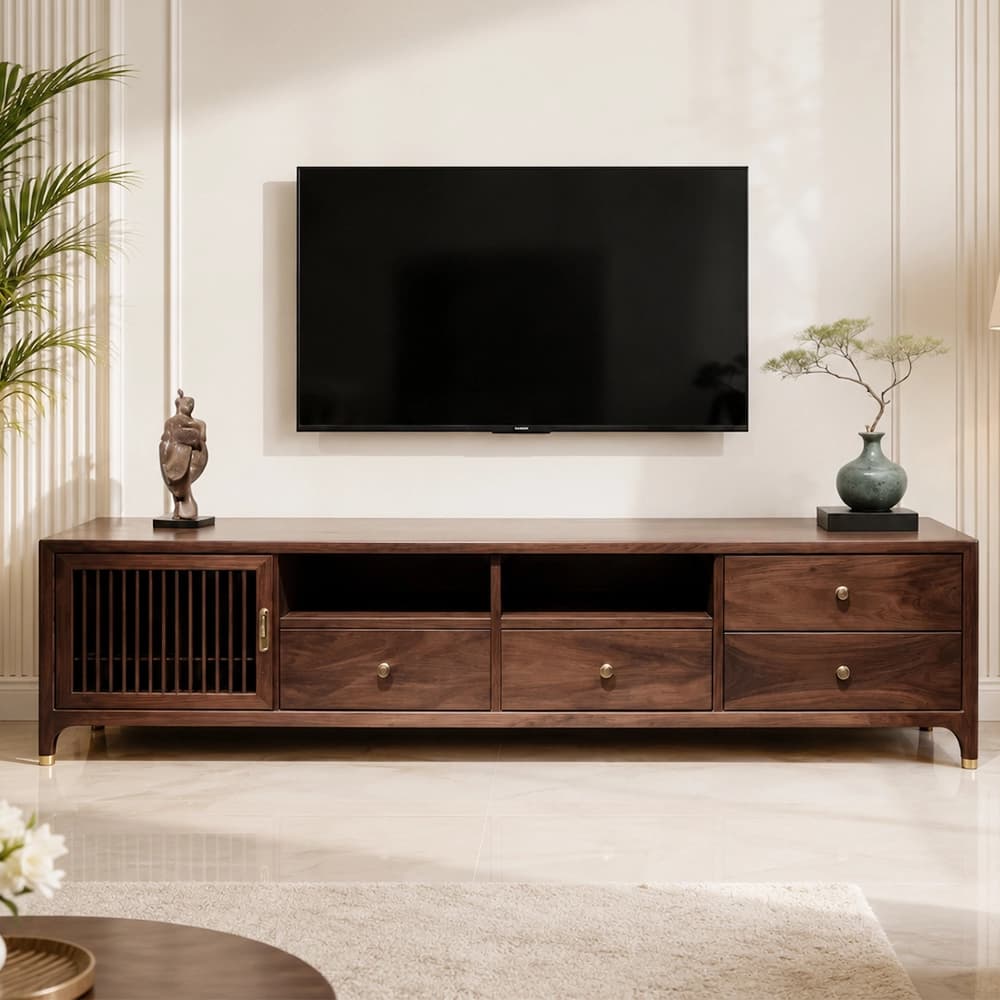 Rounded Black Walnut TV Stand lifestyle 1
