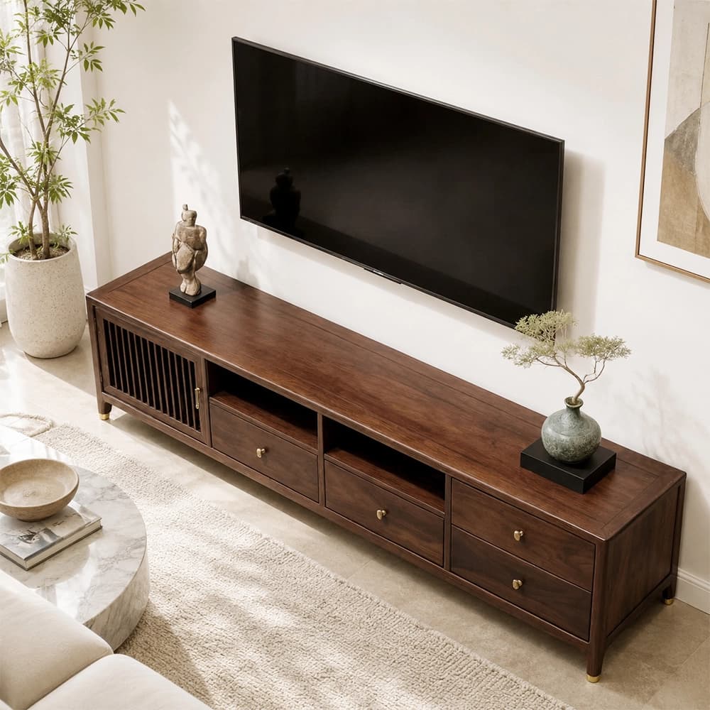 Rounded Black Walnut TV Stand lifestyle 2