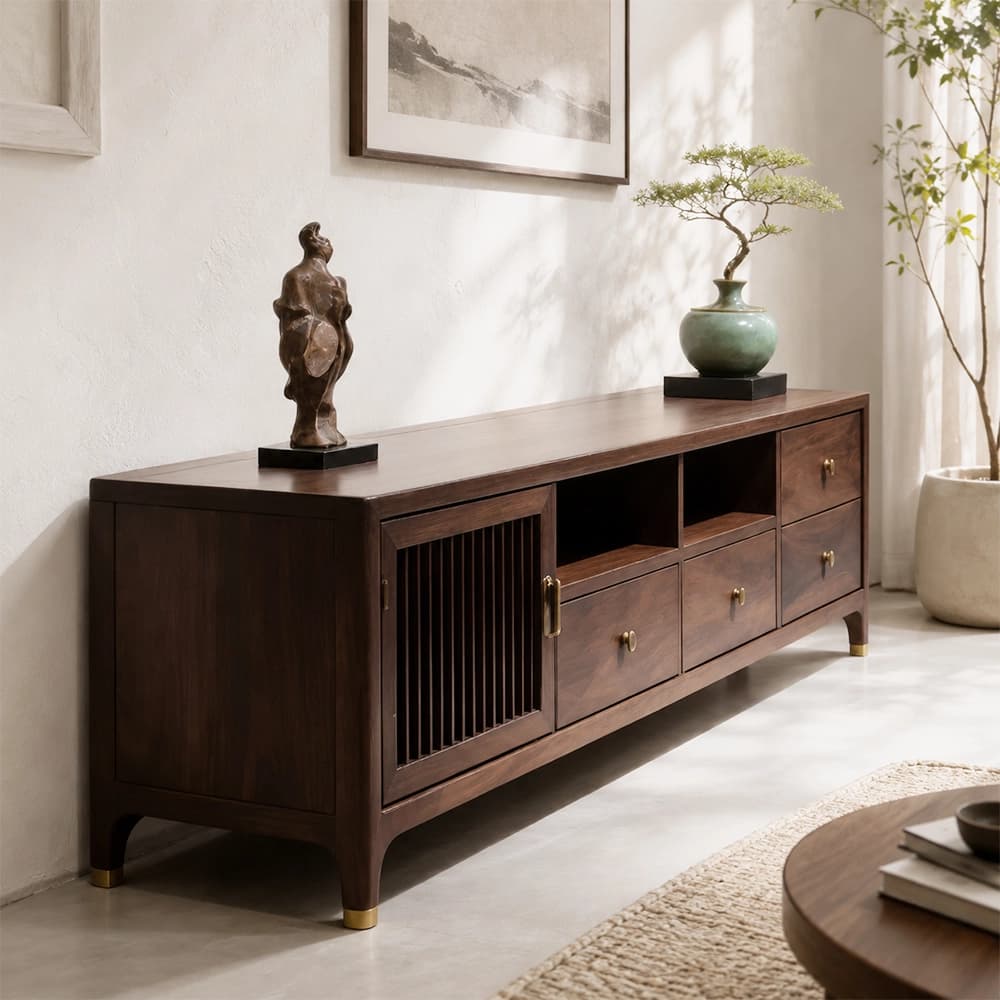 Rounded Black Walnut TV Stand lifestyle 3