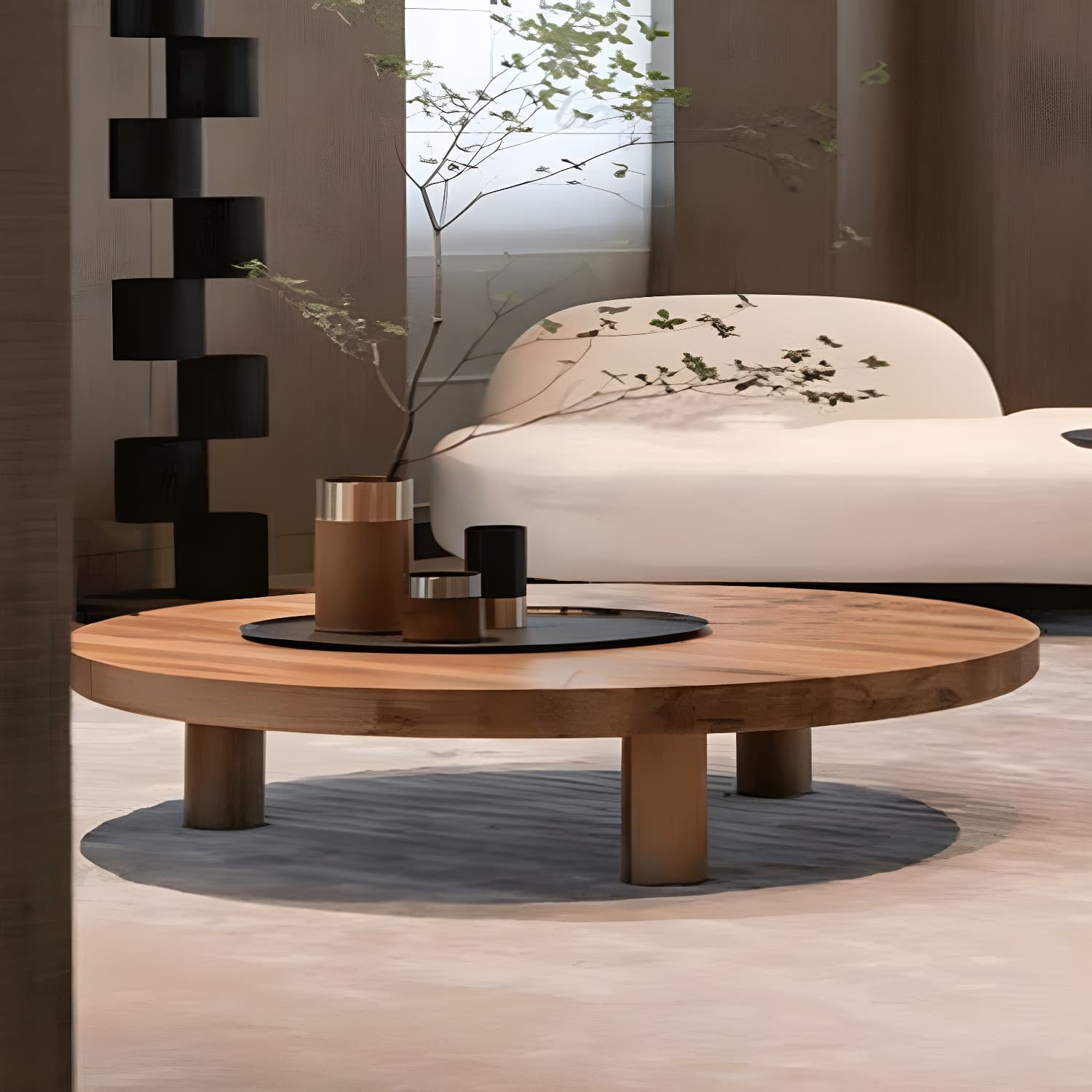 Three-Leg Round Wood Cocktail Table lifestyle 1