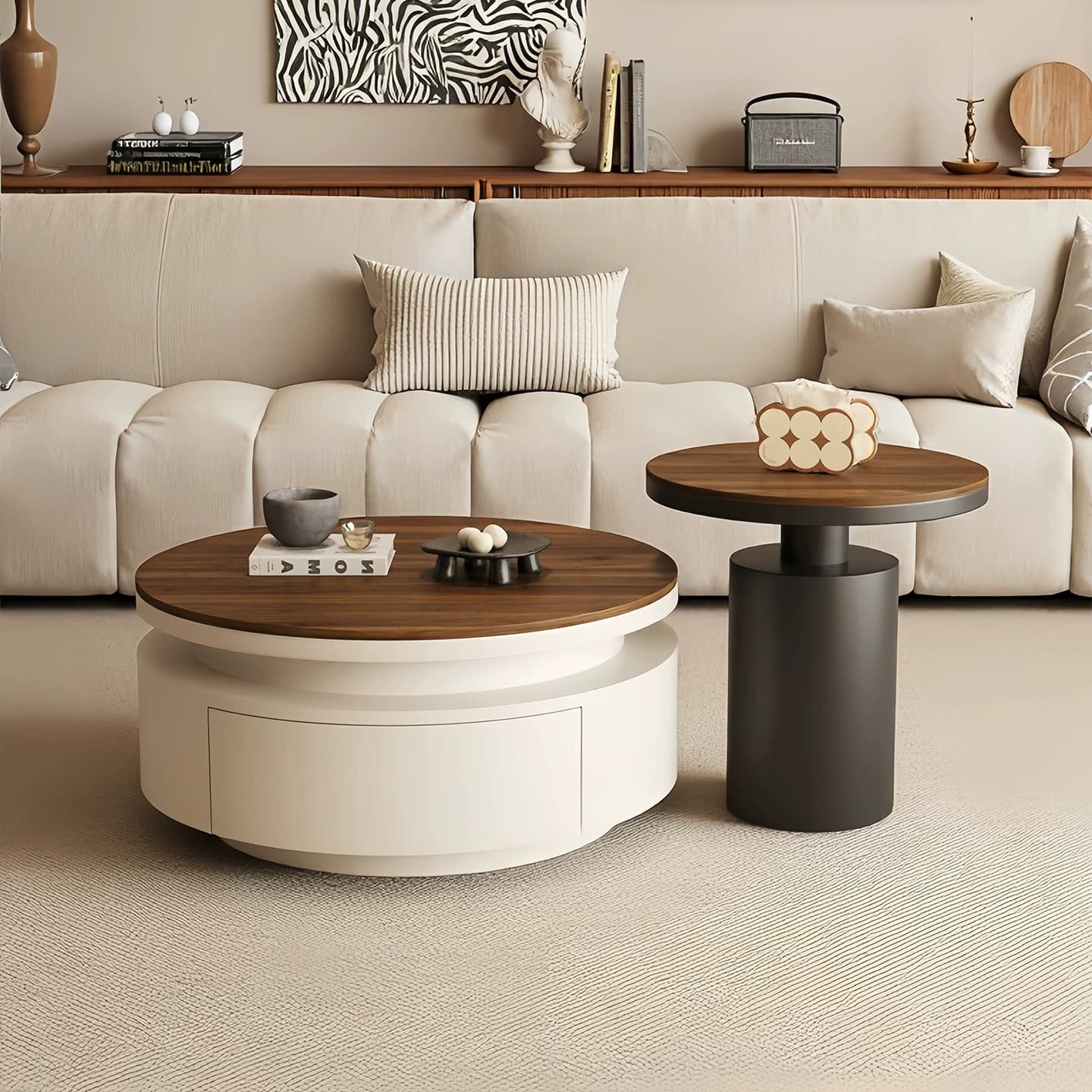Round Walnut Storage Coffee Table lifestyle 3