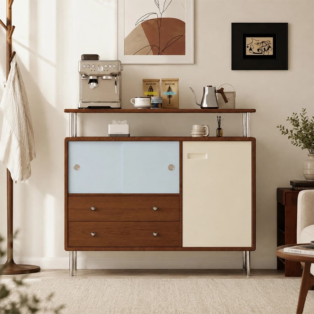 39.4" Mid-Century Modern Plywood and Stainless Steel Sideboard with Drawers