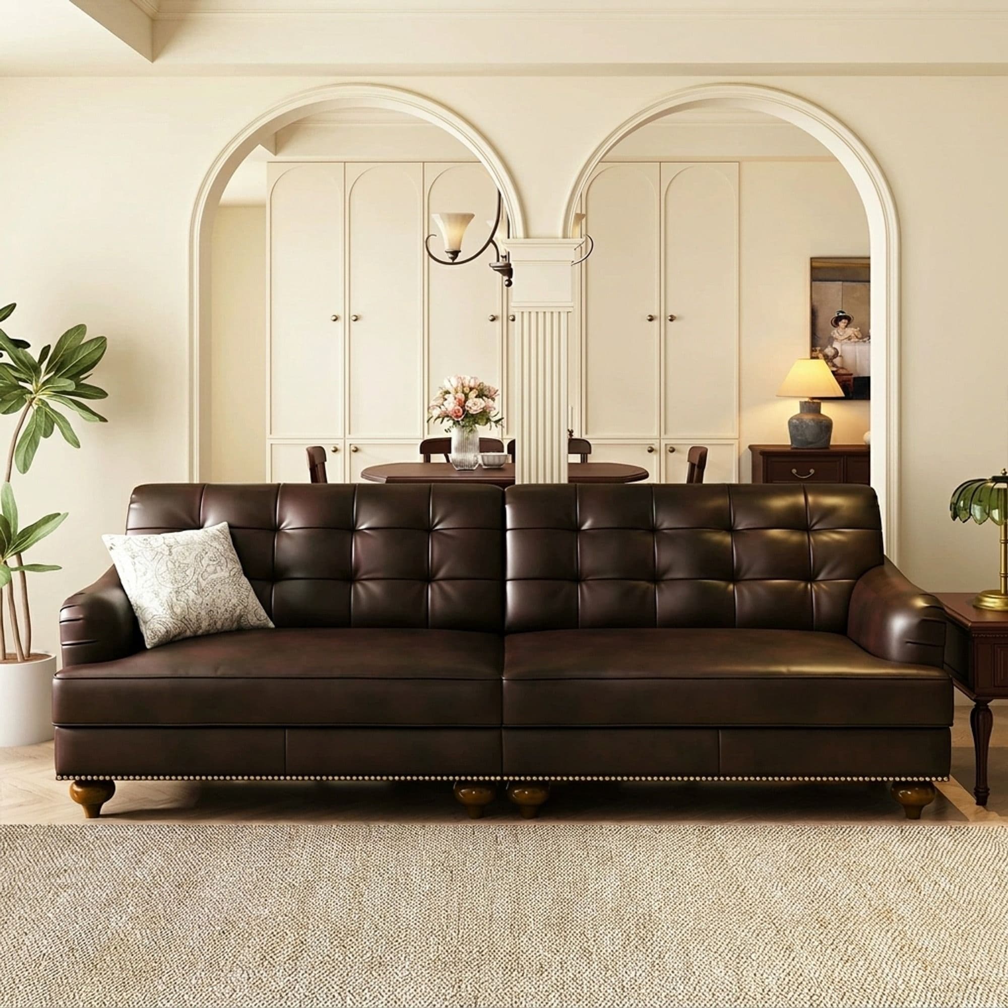 86.6" Transitional Leather Tufted Sofa