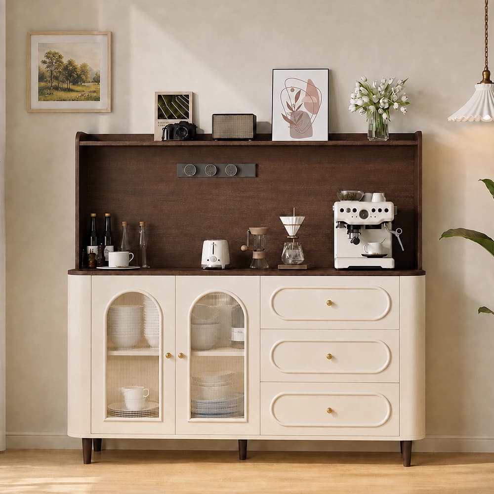 41.7" Organic Modern Engineered Wood and Glass Coffee Cabinet with Drawers