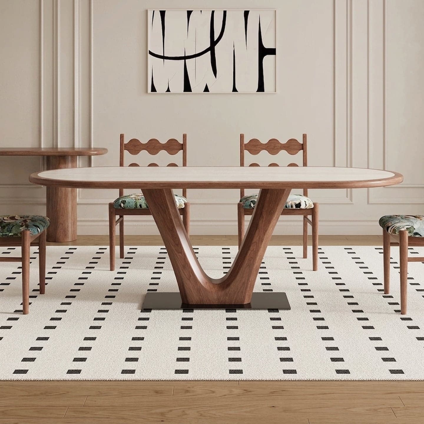 55.1" Organic Modern Sintered Stone and Solid Wood Oval Dining Table