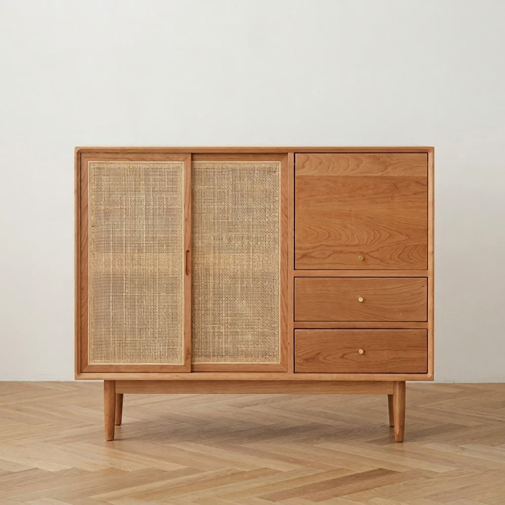 Mid-Century Wood & Rattan Sideboard lifestyle 1