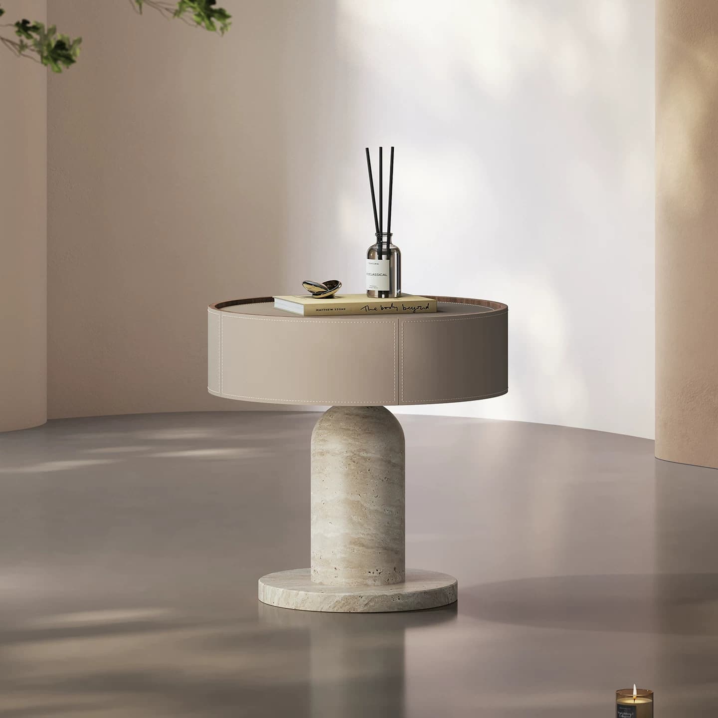 Travertine & Saddle Leather Nightstand lifestyle 3