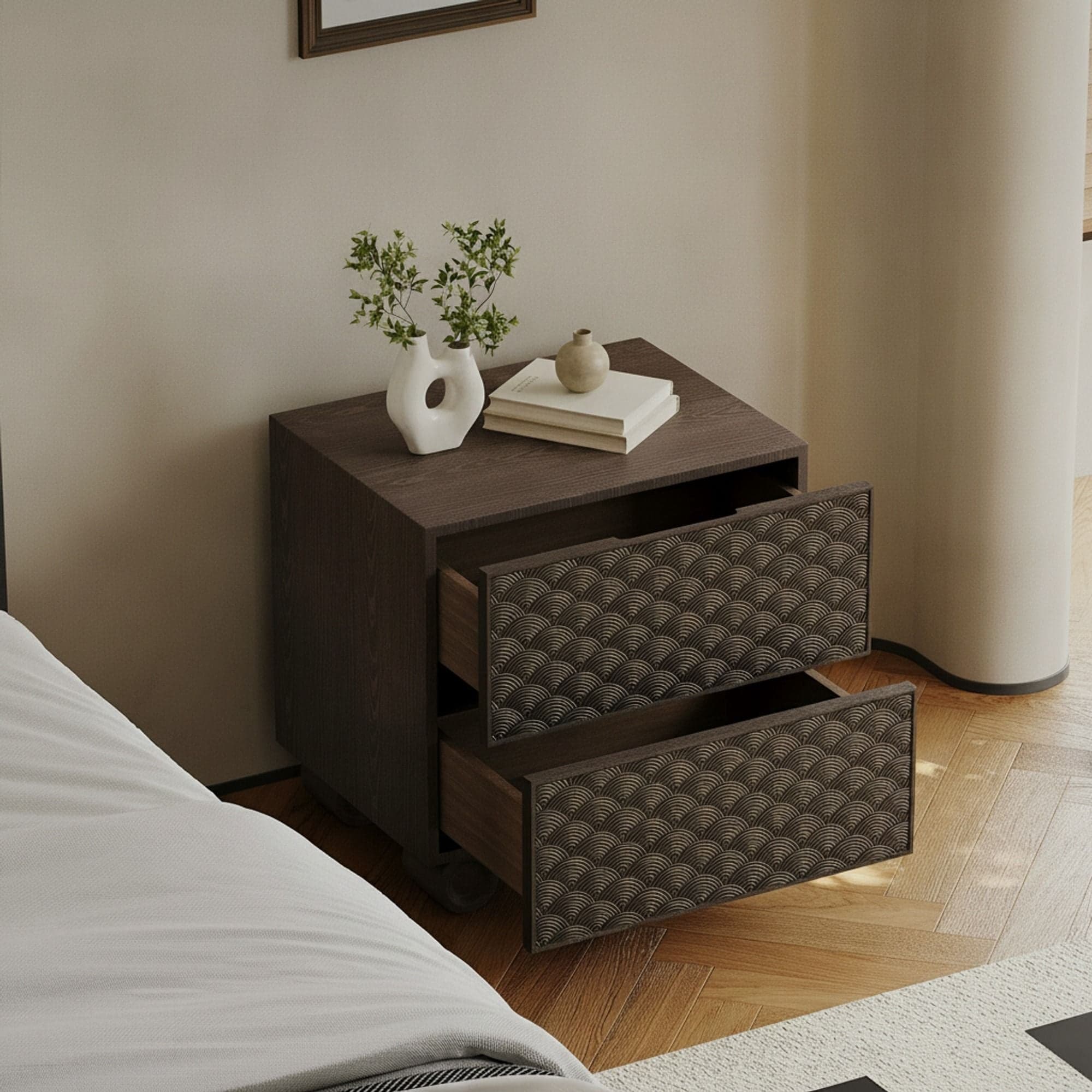 Solid Wood Carved Nightstand lifestyle 3