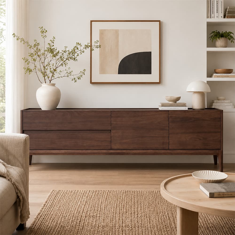 102.4" Mid-Century Modern Solid Wood TV Stand with Drawers