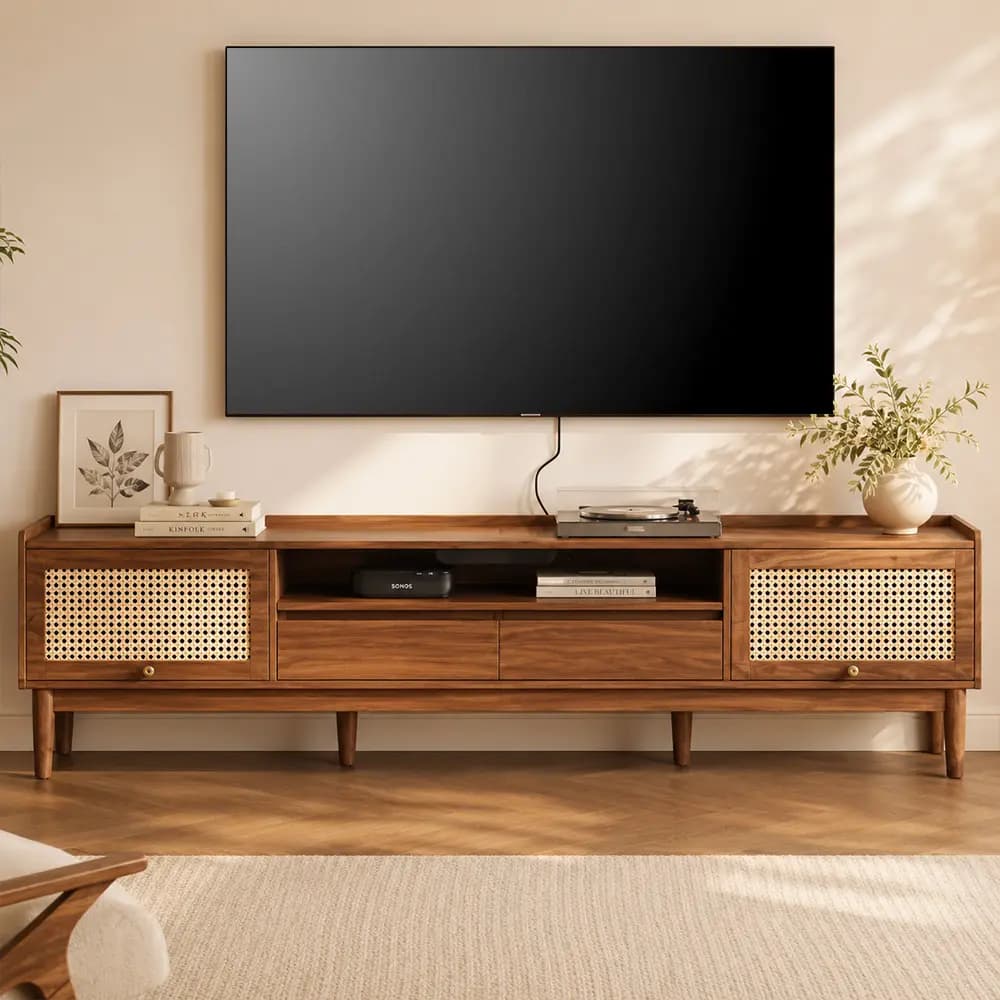 63" Mid-Century Modern Engineered Wood and Rattan TV Stand with Storage