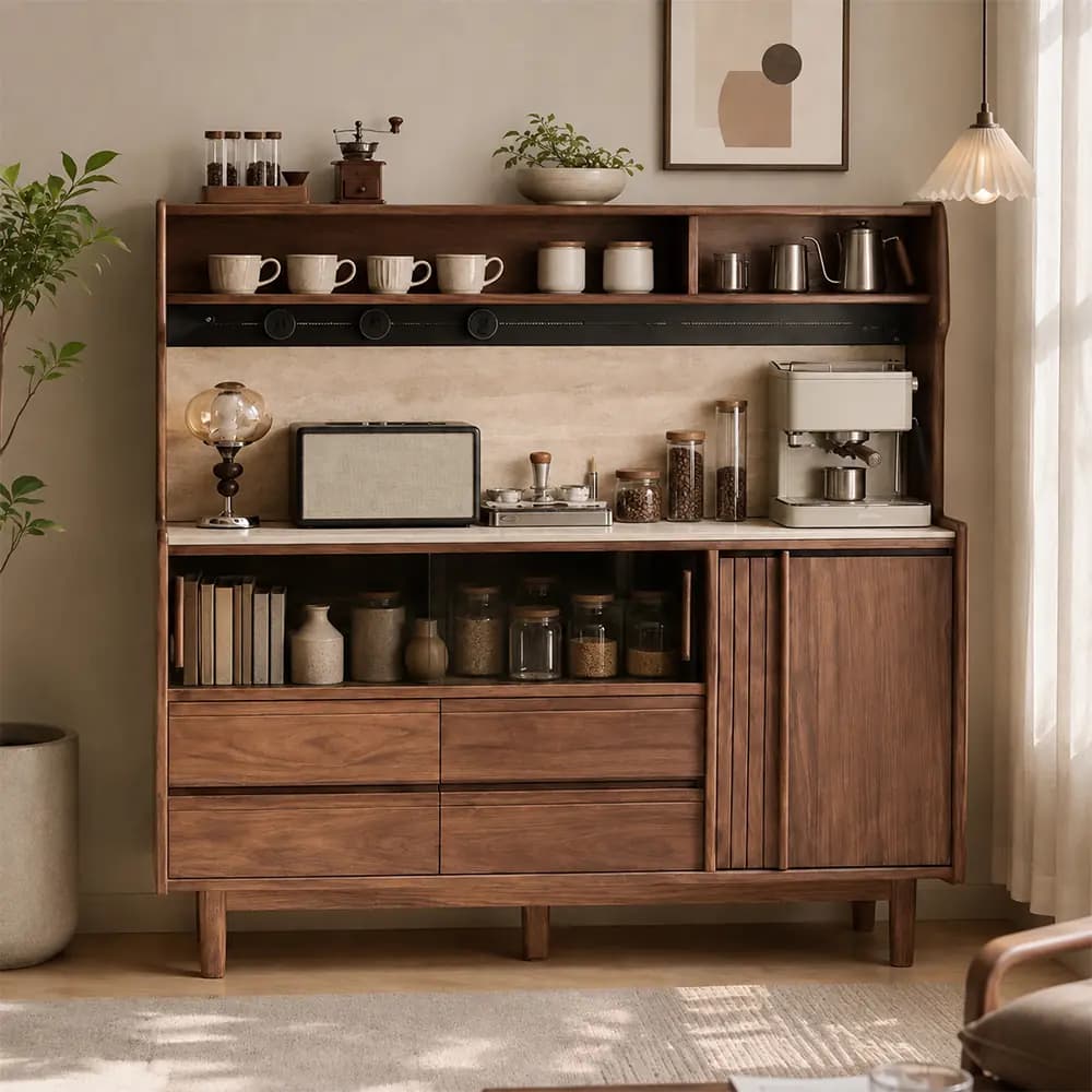 59.1" Japandi Sintered Stone and Solid Wood Coffee Cabinet with Drawers
