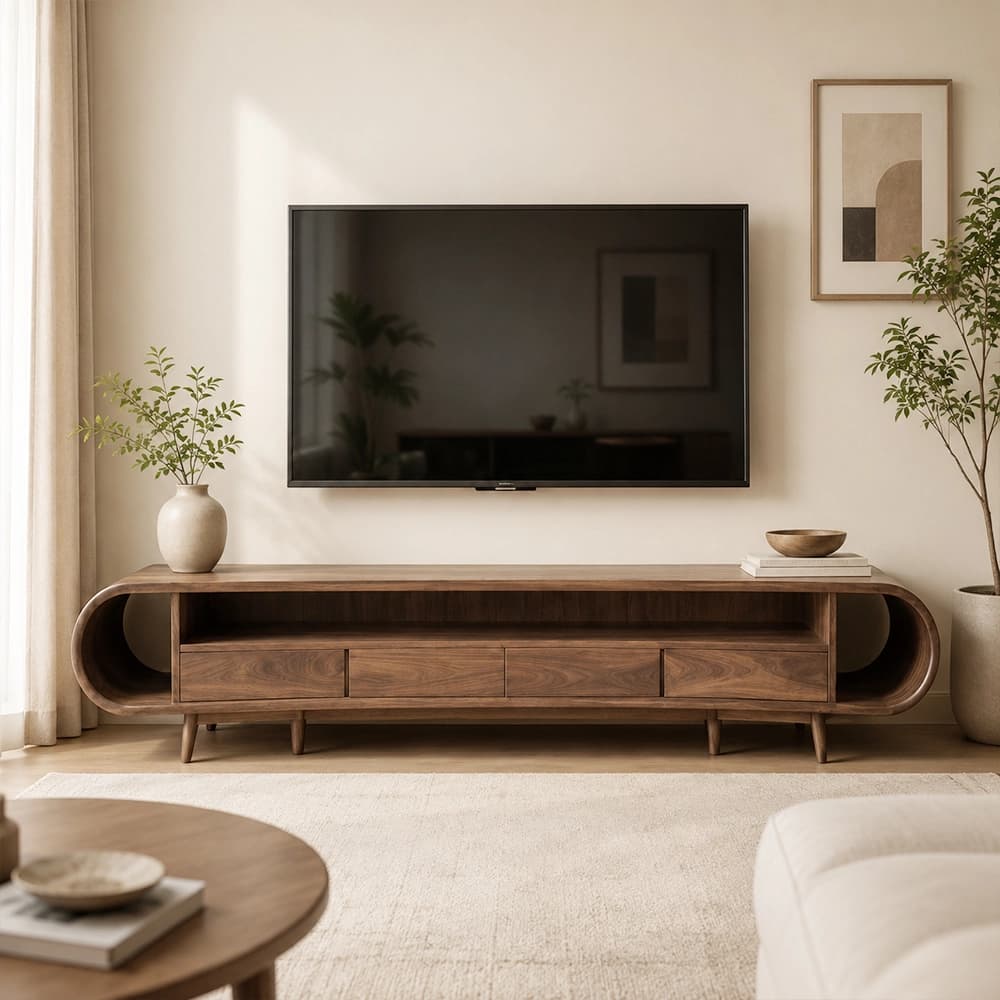 86.6" Mid-Century Modern Solid Wood TV Stand with Storage